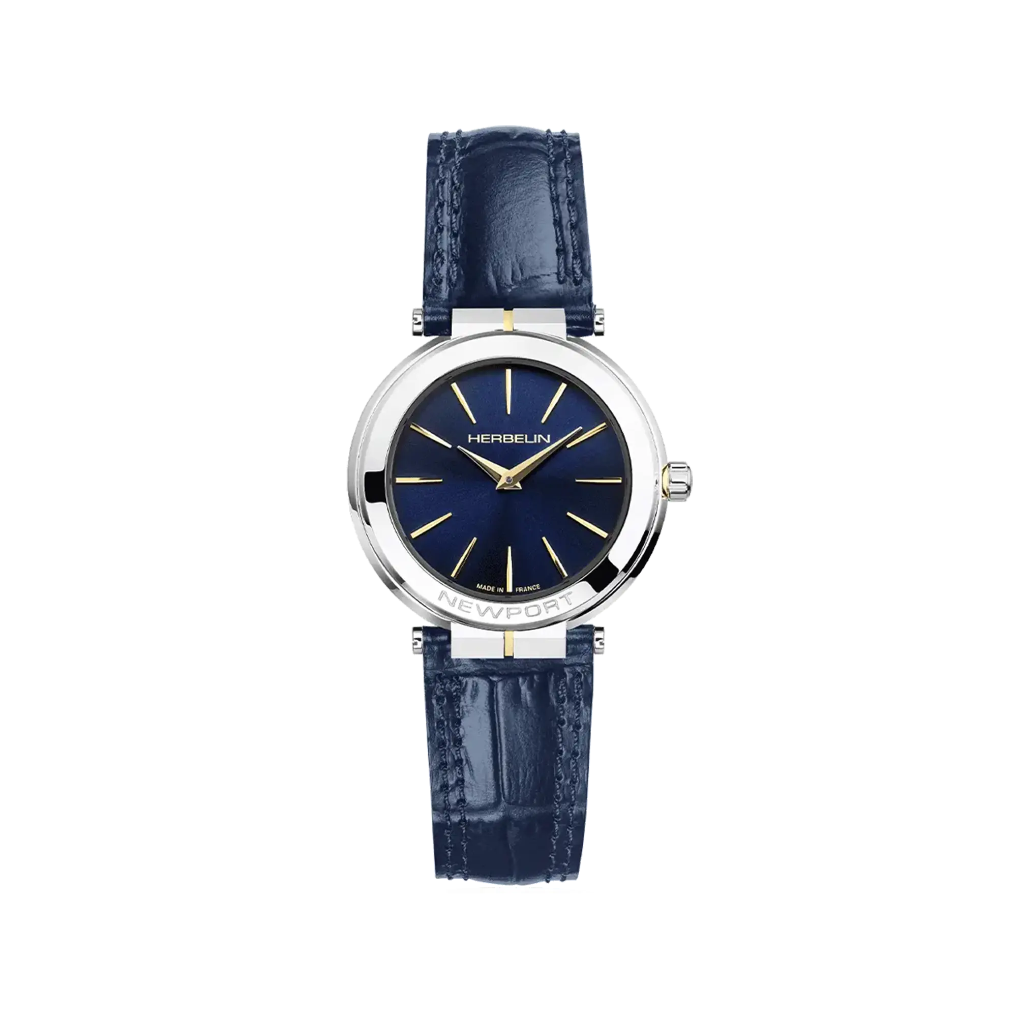 Newport, cadran bleu profond, boîtier acier rond, bracelet cuir