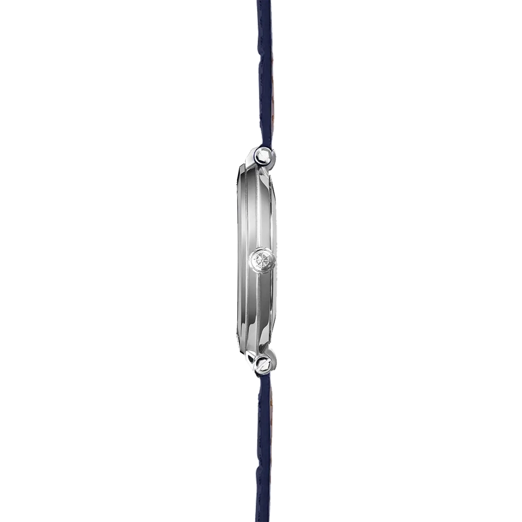 Vue de profil, tranche acier, couronne et attaches du bracelet cuir