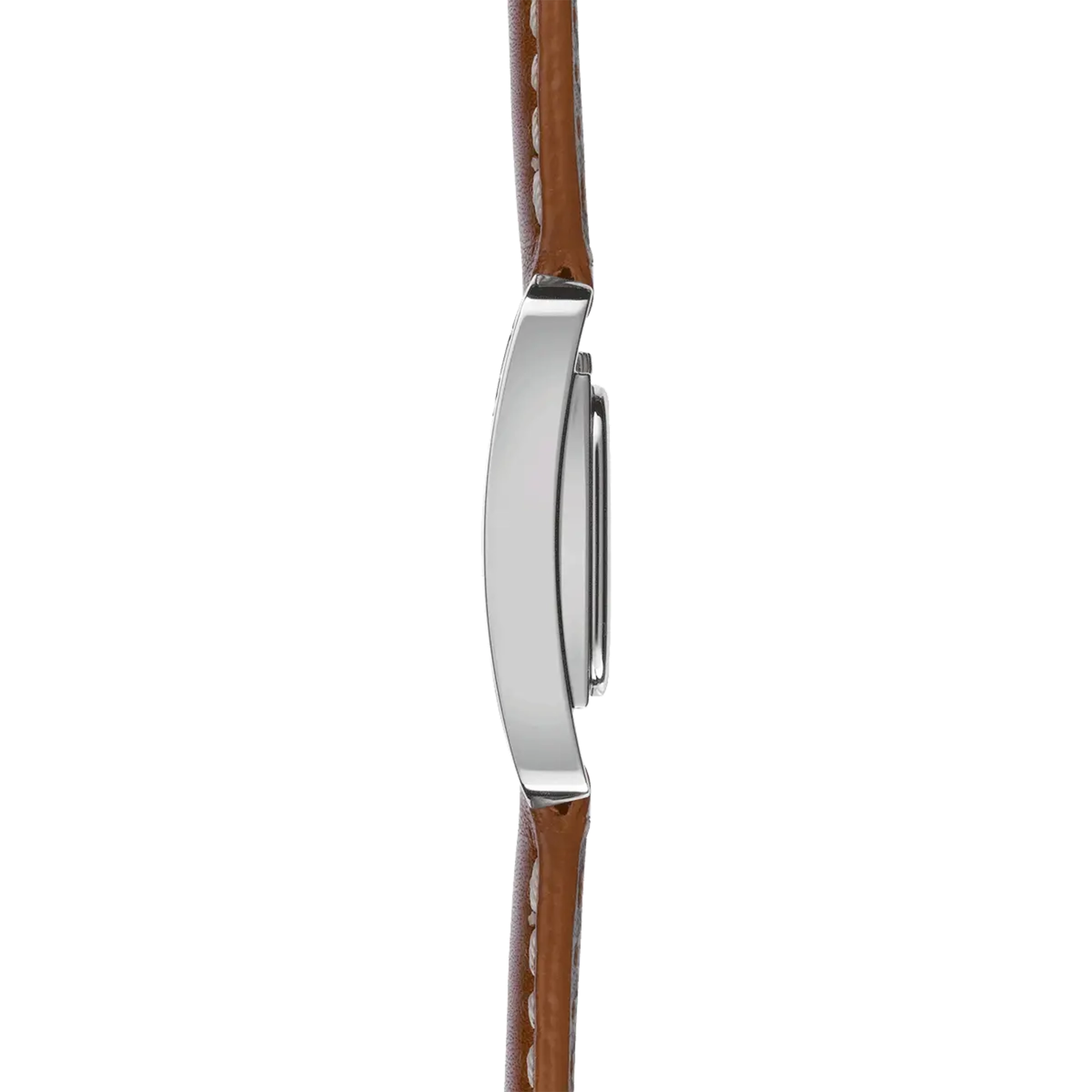 Vue de profil, tranche acier, couronne et attaches du bracelet cuir