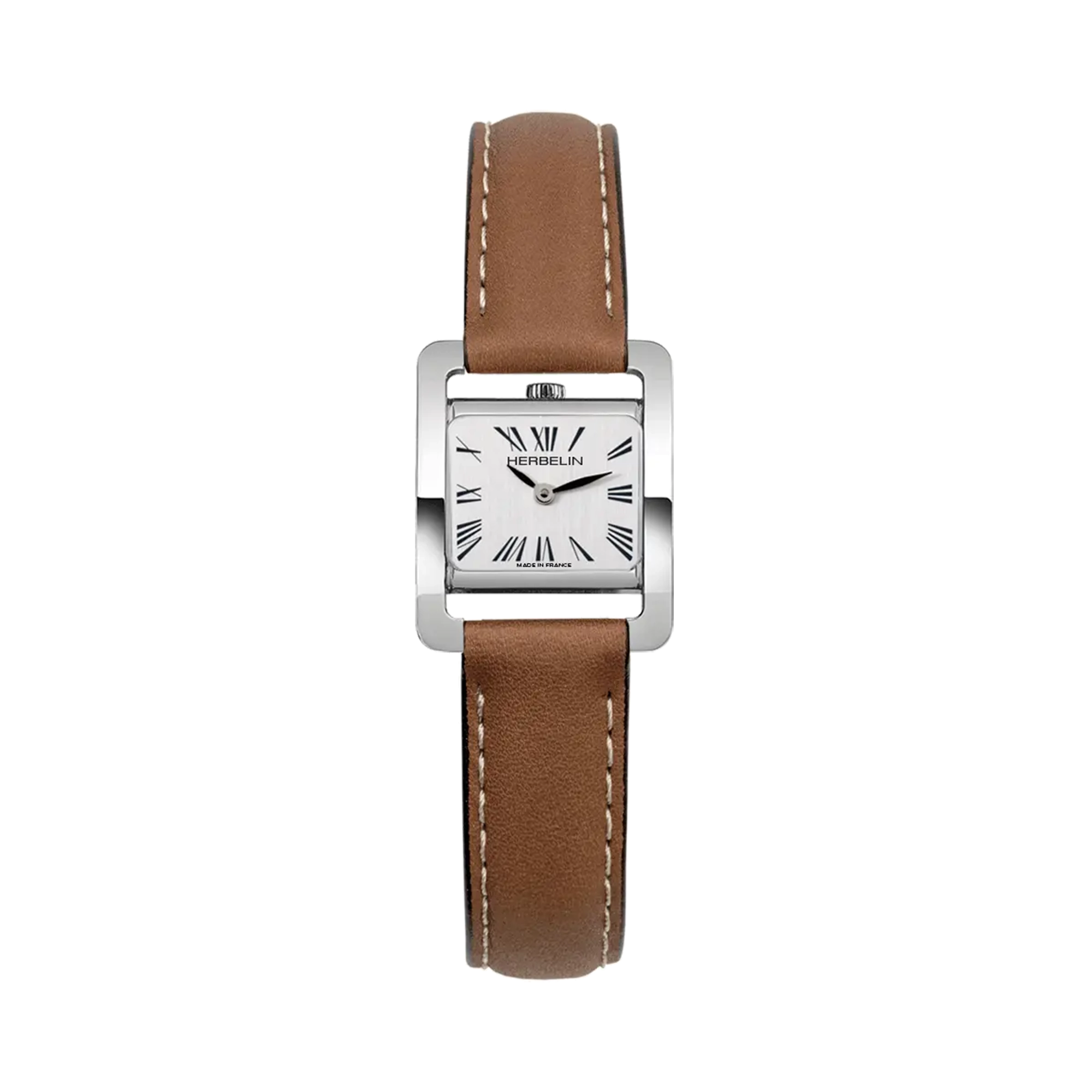 Ve Avenue, cadran argent brossé vertical, boîtier rectangle acier, bracelet cuir