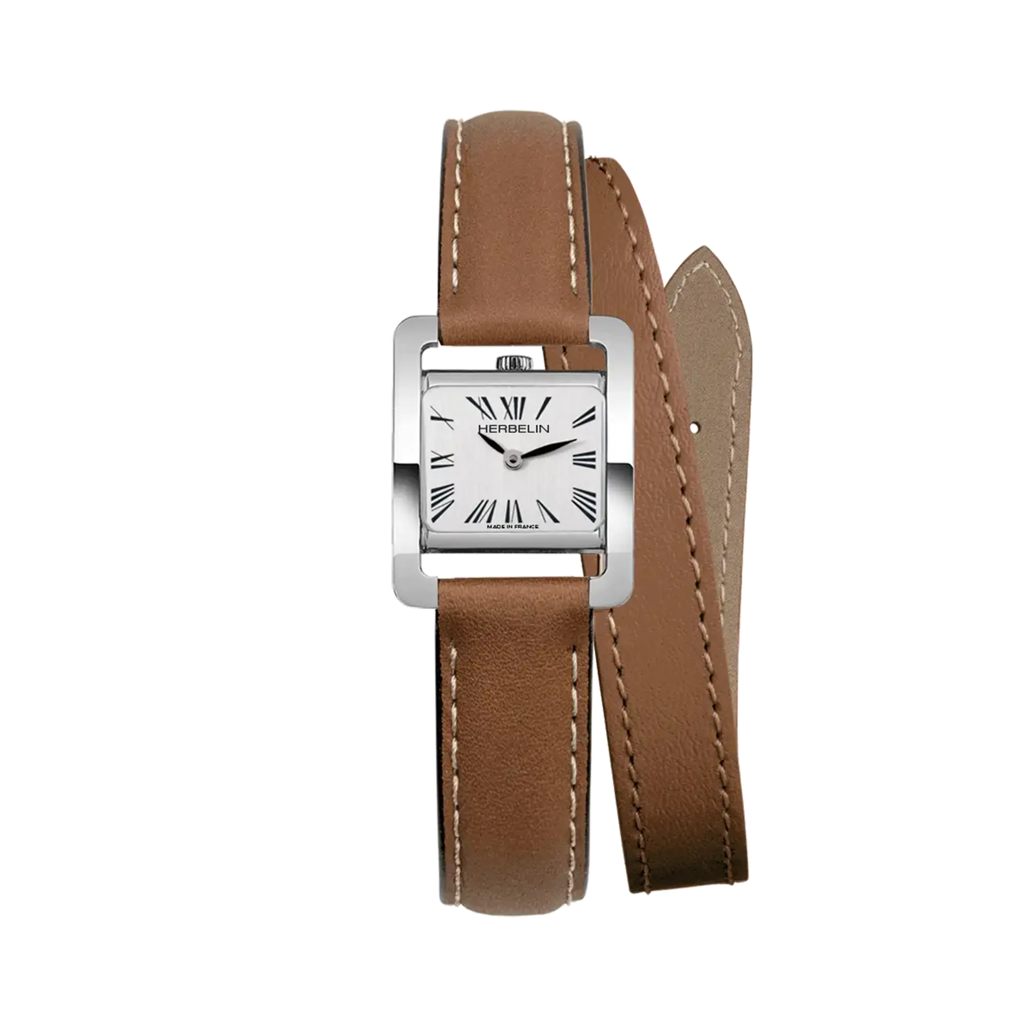 Ve Avenue, cadran argent, boîtier rectangle acier, bracelet cuir