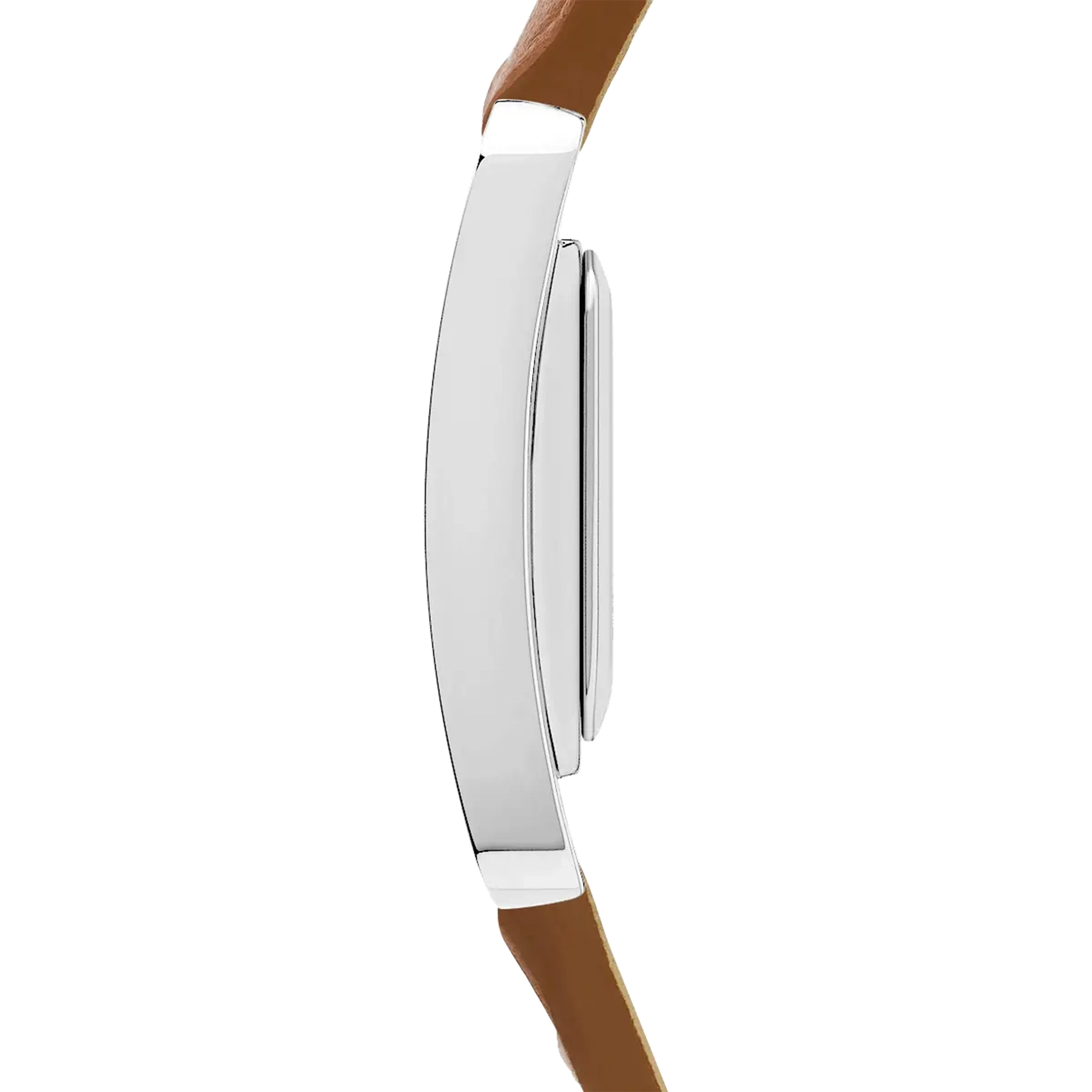 Vue de profil, tranche acier, couronne et attaches du bracelet cuir