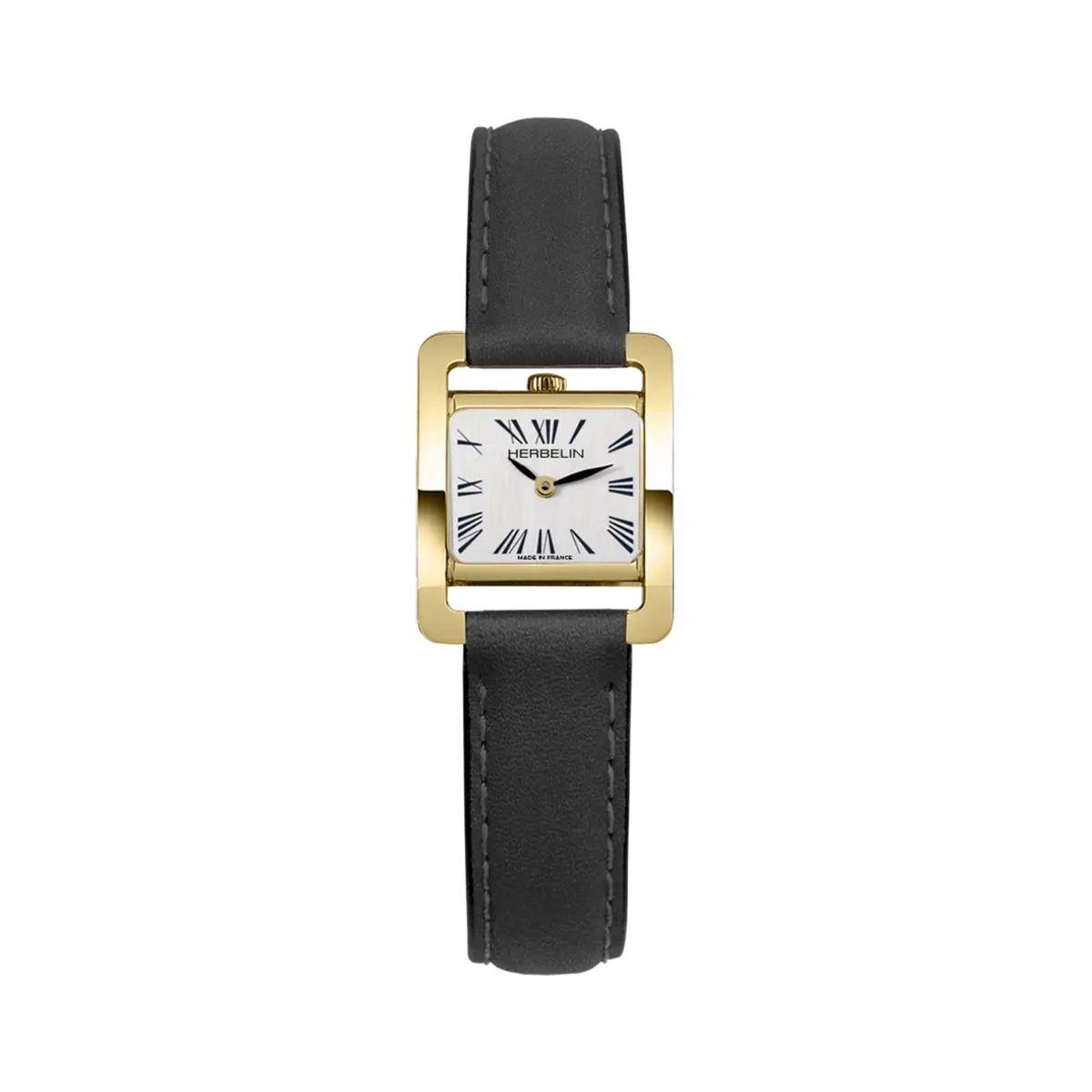 ⁣⁢Ve Avenue, quadrante argenté spazzolato verticale, cassa rettangolare in acciaio PVD oro giallo, cinturino in pelle⁤⁣