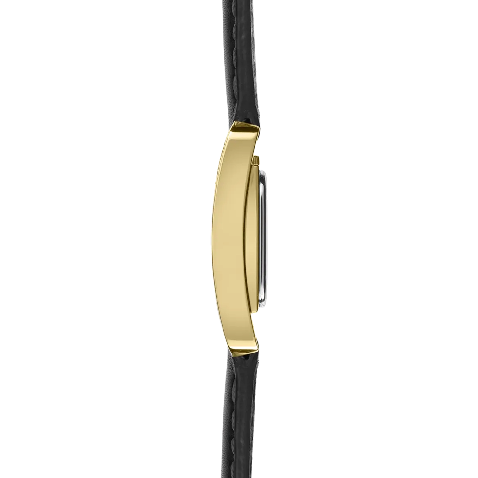 Vue de profil, tranche acier PVD or jaune, couronne et attaches du bracelet cuir