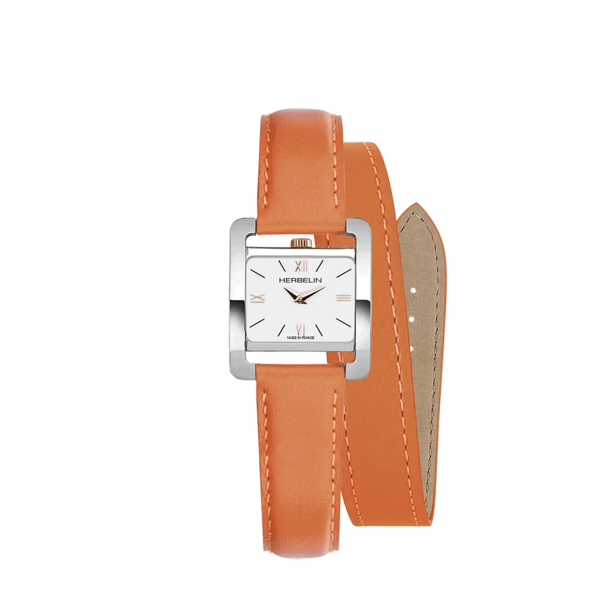 Ve Avenue, cadran blanc laqué, boîtier rectangle acier PVD or rose, bracelet cuir
