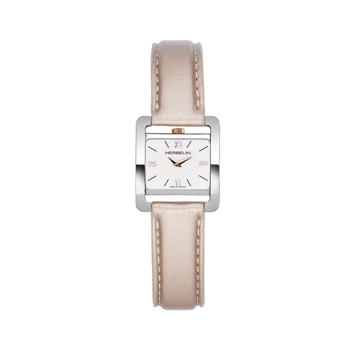 ⁣⁢Ve Avenue, quadrante bianco laccato, cassa rettangolare in acciaio PVD oro rosa, cinturino in pelle⁤⁣