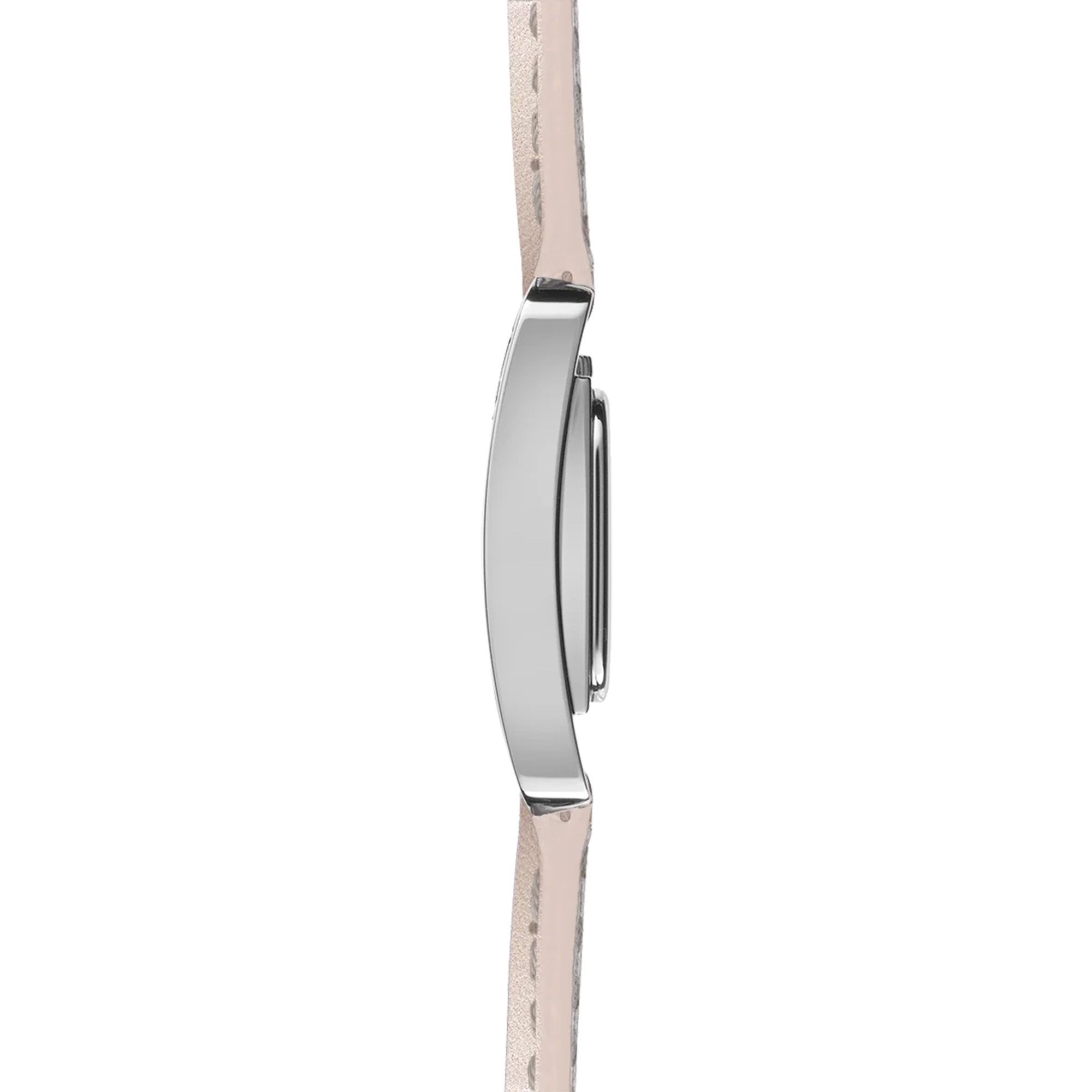 Vue de profil, tranche acier PVD or rose, couronne et attaches du bracelet cuir