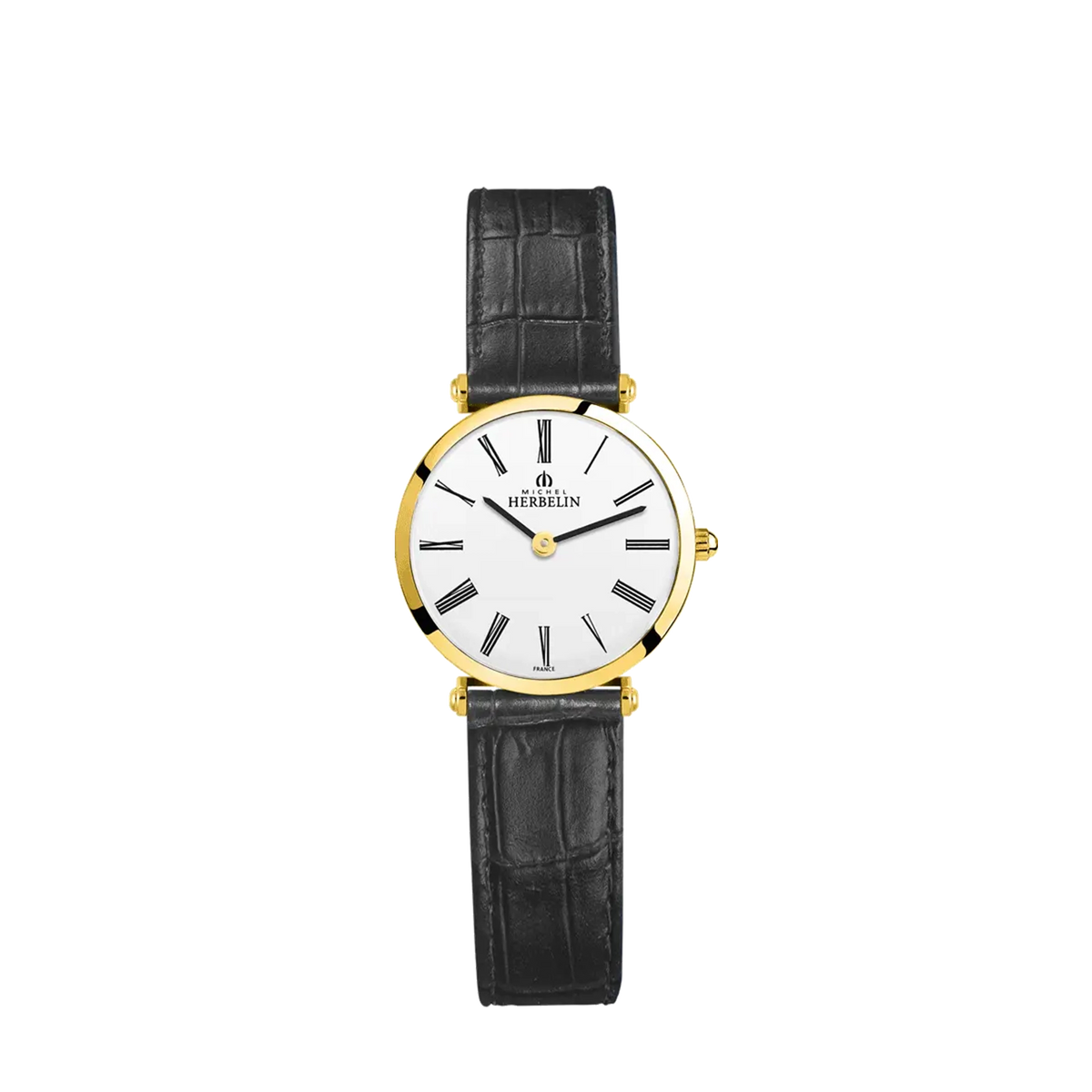 ⁣⁢Epsilon, opaline silver dial, round yellow gold PVD steel case, leather strap⁤⁣