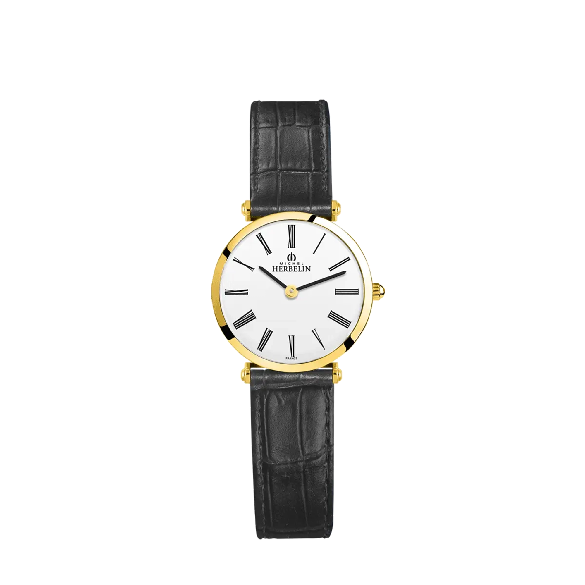 Epsilon, cadran argent opalin, boîtier acier PVD or jaune rond, bracelet cuir