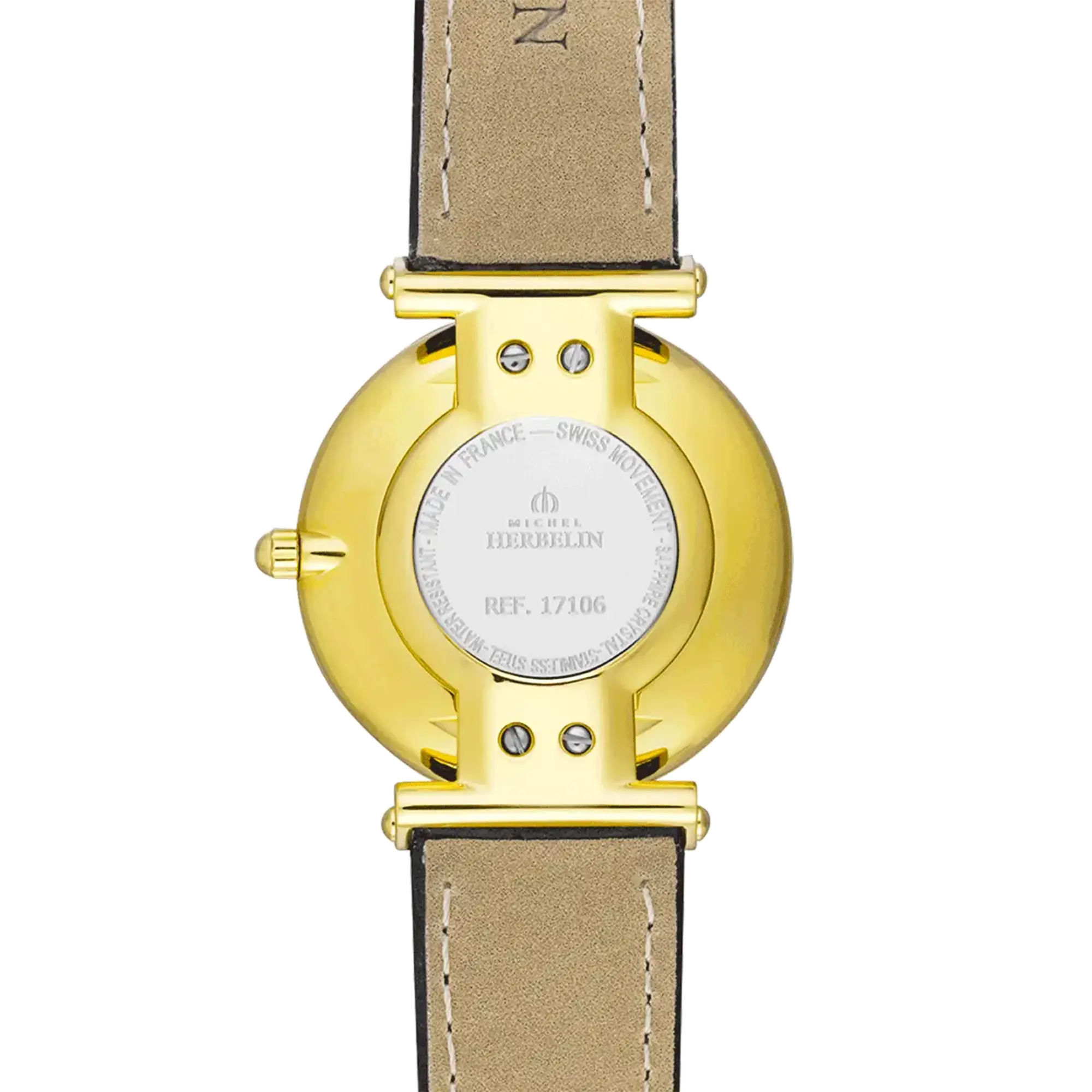 Dos de la Epsilon, fond acier PVD or jaune avec gravure du modèle