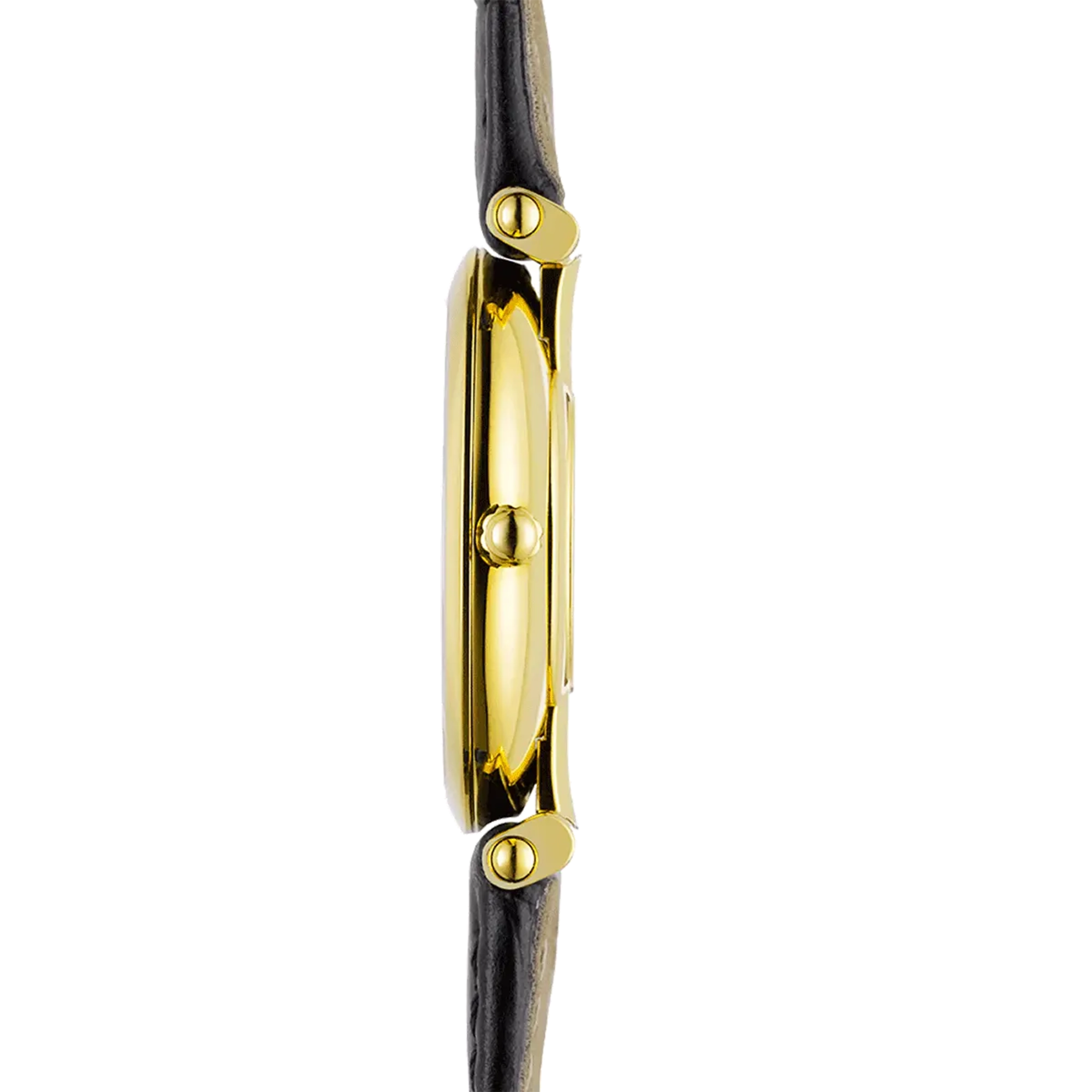 Vue de profil, tranche acier PVD or jaune, couronne et attaches du bracelet cuir