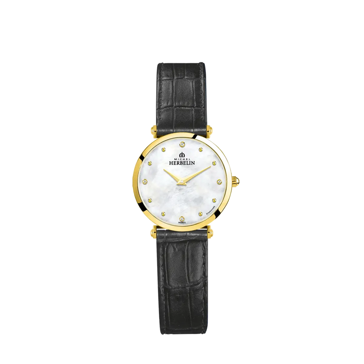 ⁣⁢Epsilon, white mother-of-pearl dial, round yellow gold PVD steel case, leather strap⁤⁣