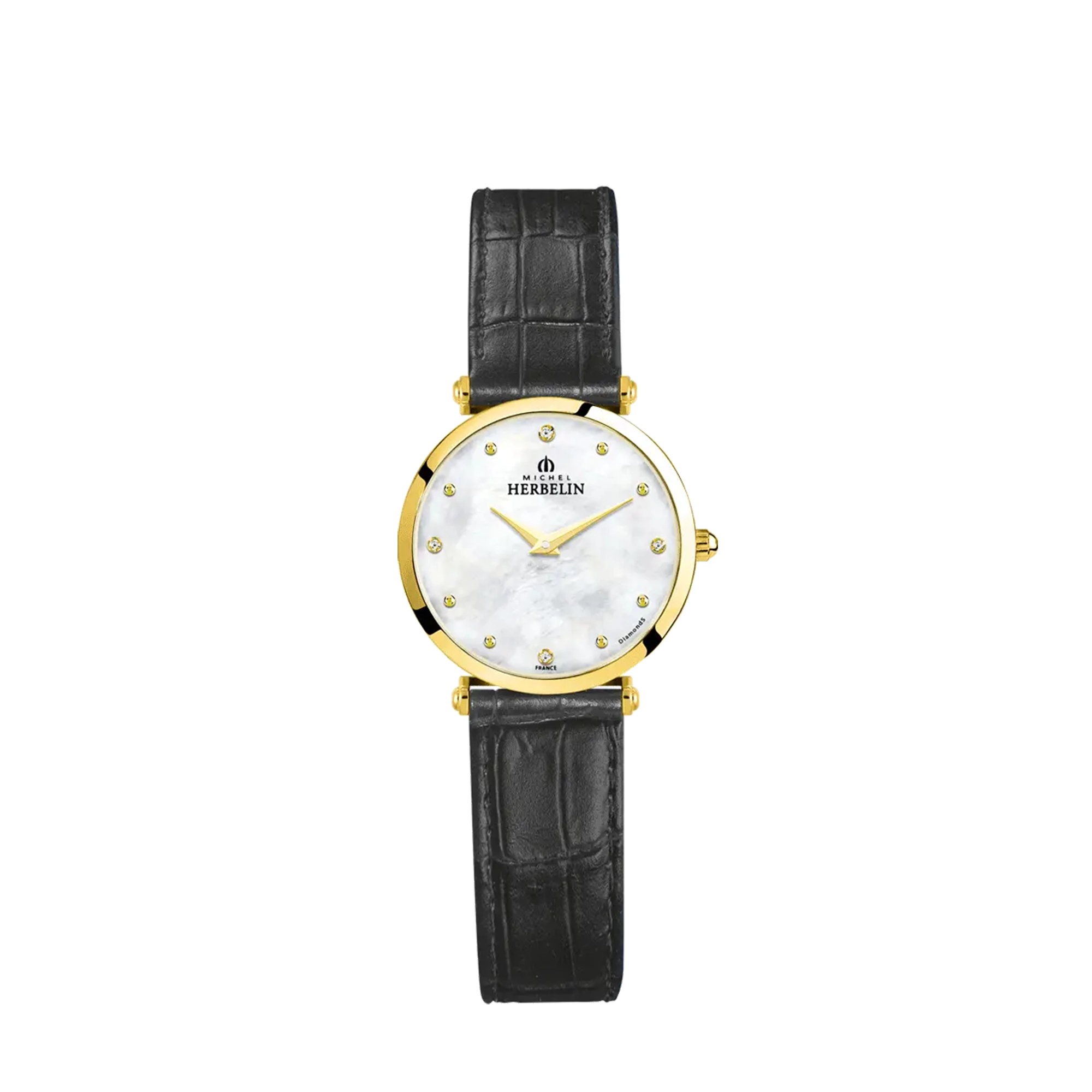 Epsilon, cadran nacre blanche, boîtier acier PVD or jaune rond, bracelet cuir