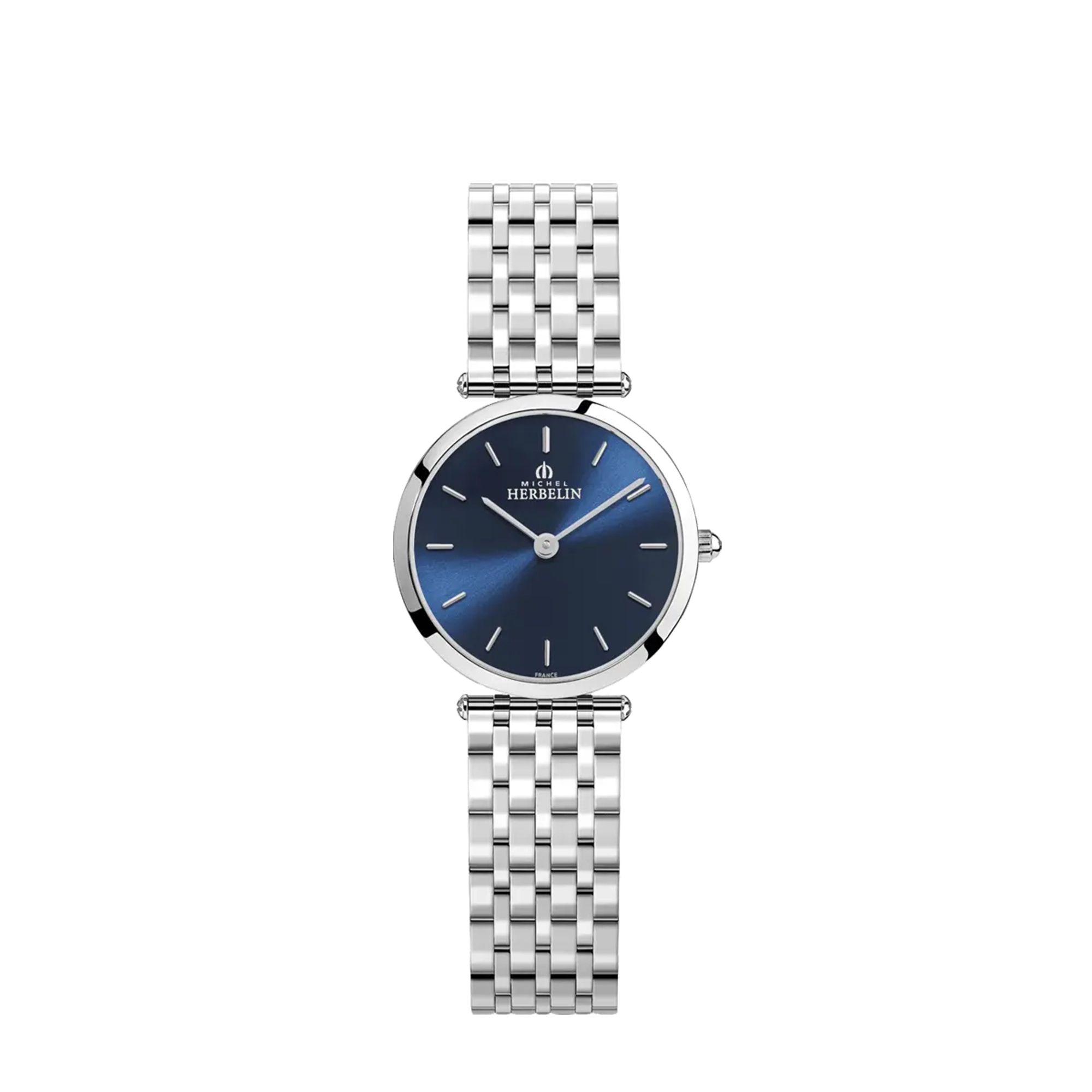 Epsilon, cadran bleu, boîtier acier rond, bracelet acier