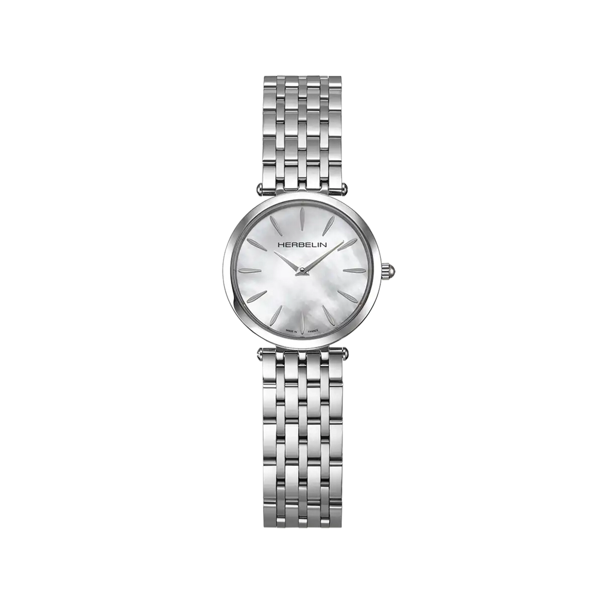 ⁣⁢Epsilon, white mother-of-pearl dial, round steel case, steel bracelet⁤⁣