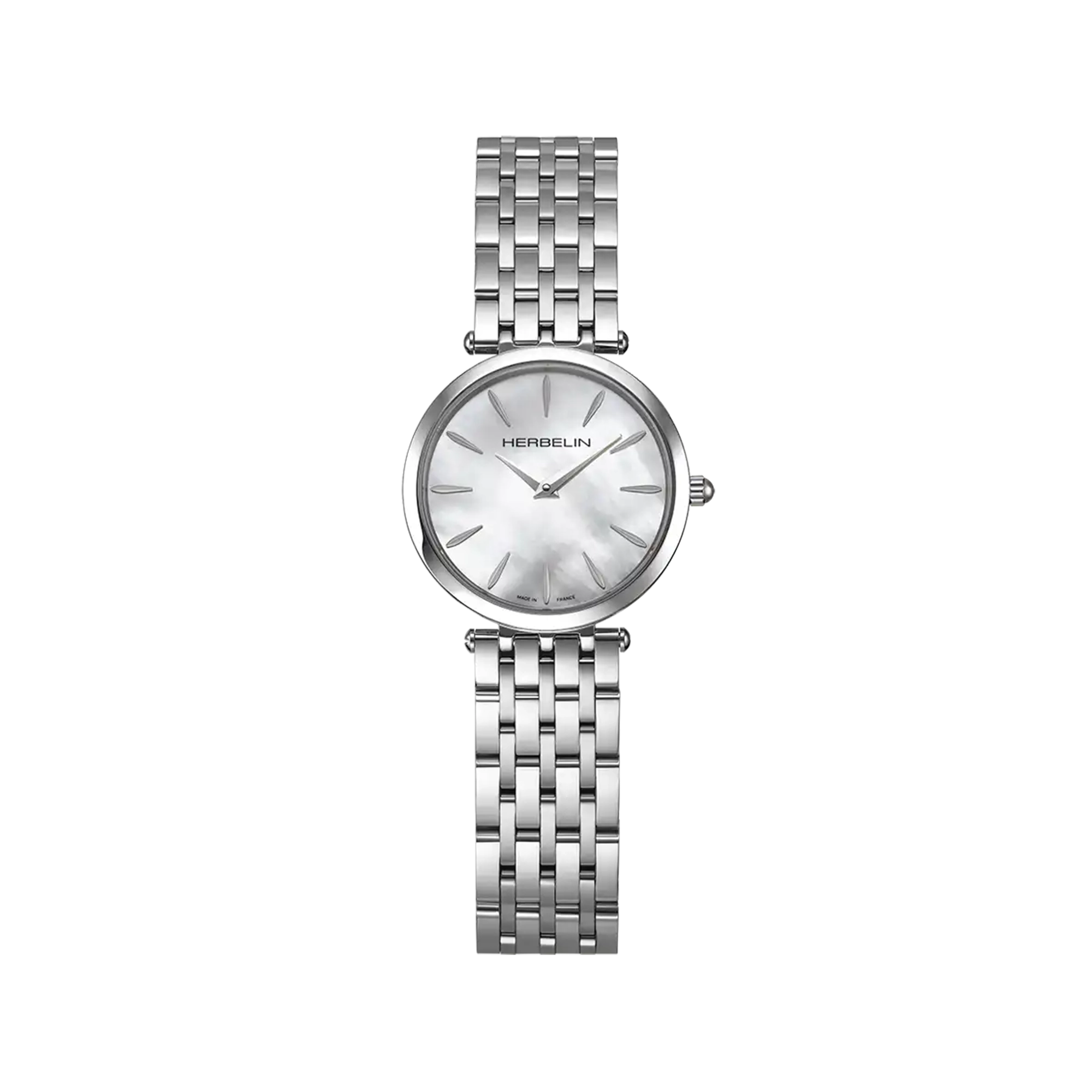 Epsilon, cadran nacre blanche, boîtier acier rond, bracelet acier