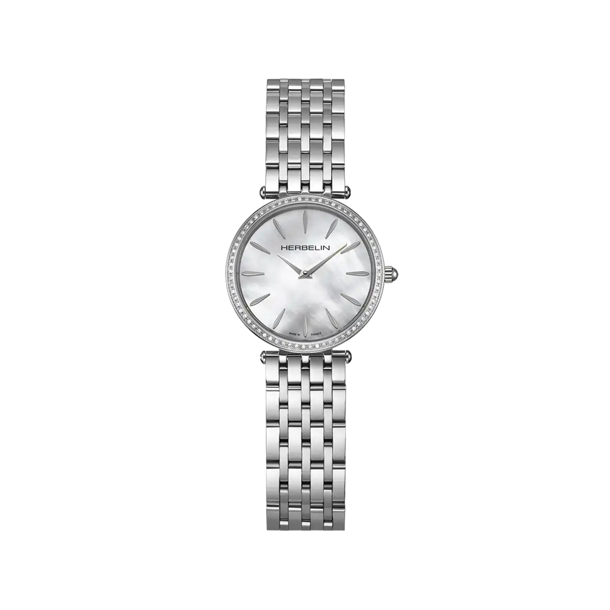 ⁣⁢Epsilon, white mother-of-pearl dial, round steel case, steel bracelet⁤⁣