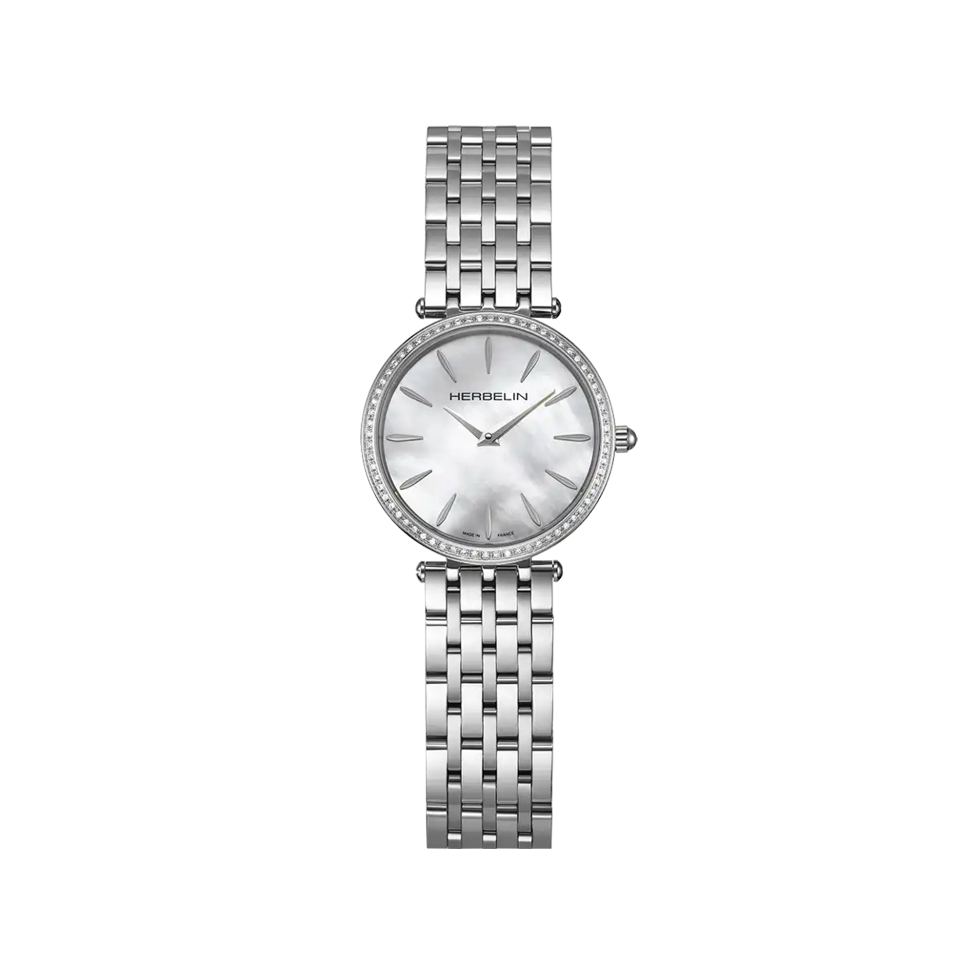 Epsilon, cadran nacre blanche, boîtier acier rond, bracelet acier