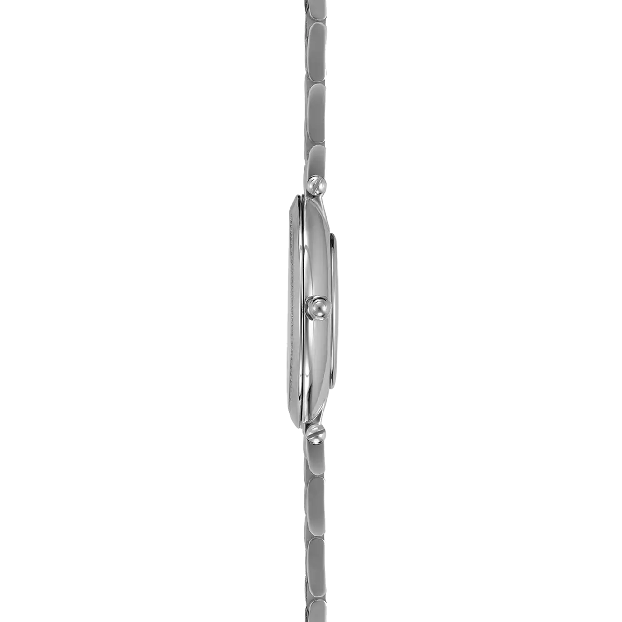 Vue de profil, tranche acier, couronne et attaches du bracelet acier