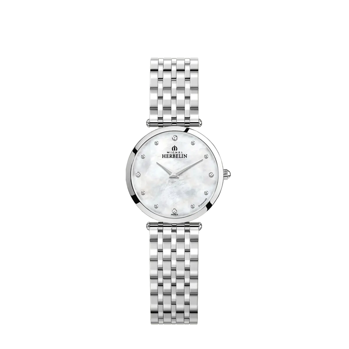 ⁣⁢Epsilon, white mother-of-pearl dial, round steel case, steel bracelet⁤⁣
