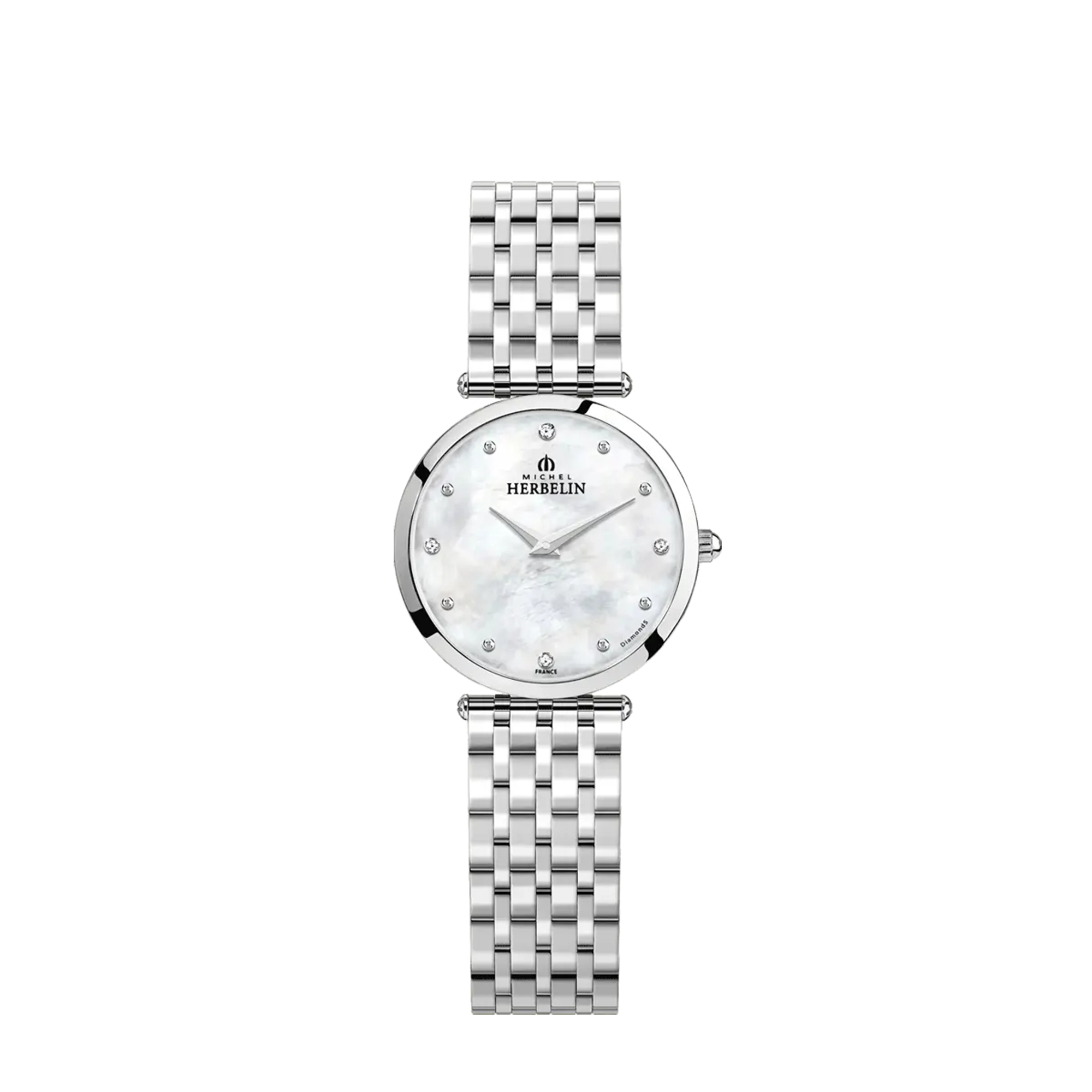 Epsilon, cadran nacre blanche, boîtier acier rond, bracelet acier