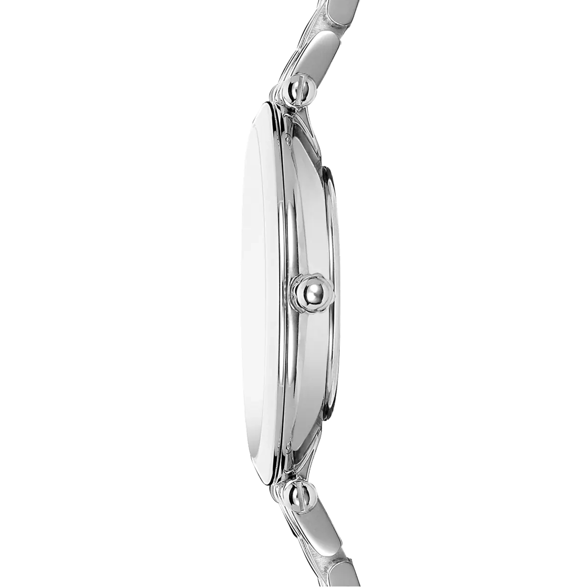 Vue de profil, tranche acier, couronne et attaches du bracelet acier