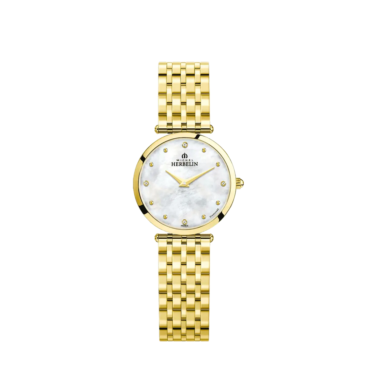 ⁣⁢Epsilon, white mother-of-pearl dial, round yellow gold PVD steel case, two-tone steel bracelet⁤⁣