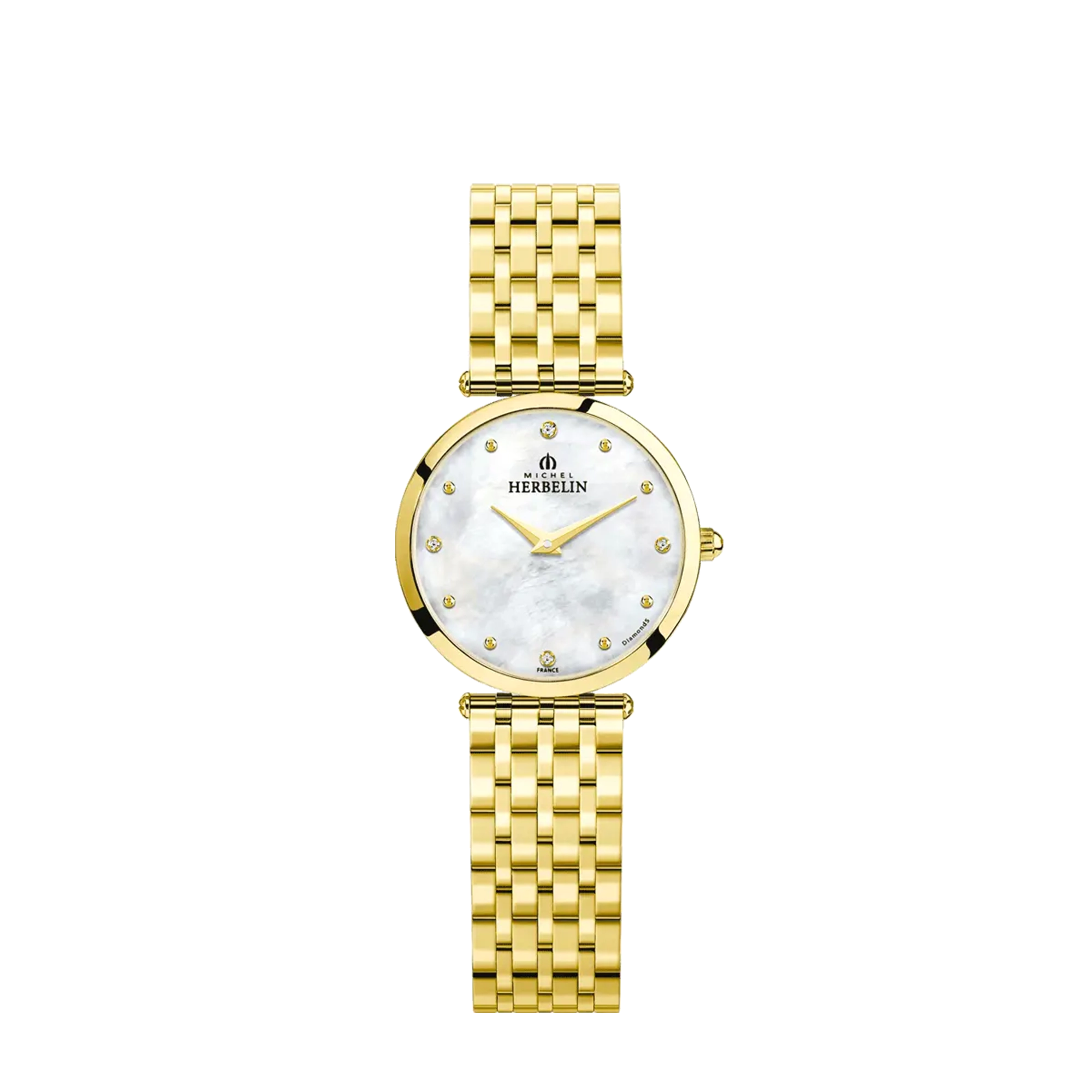 Epsilon, cadran nacre blanche, boîtier acier PVD or jaune rond, bracelet acier bicolore