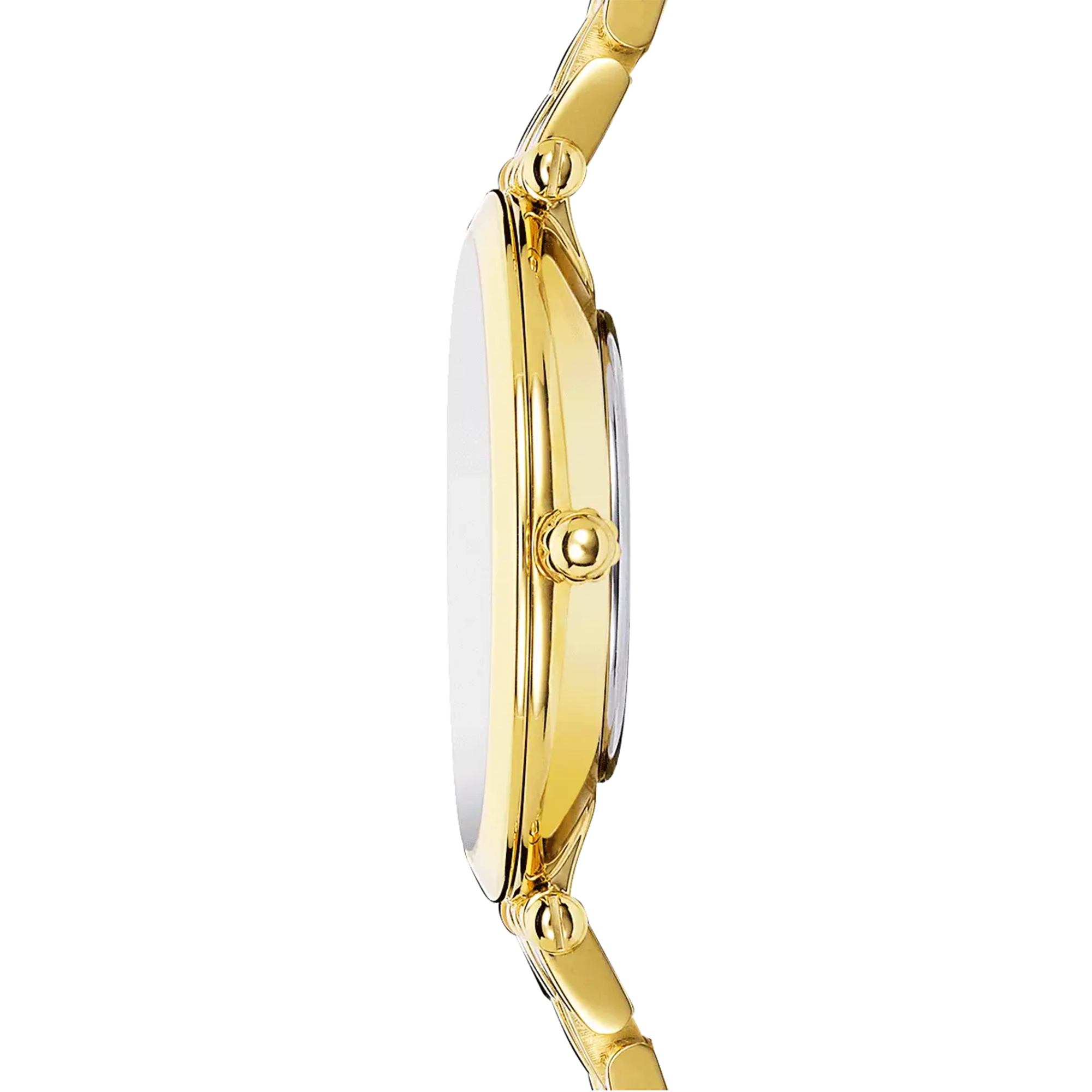 Vue de profil, tranche acier PVD or jaune, couronne et attaches du bracelet acier bicolore