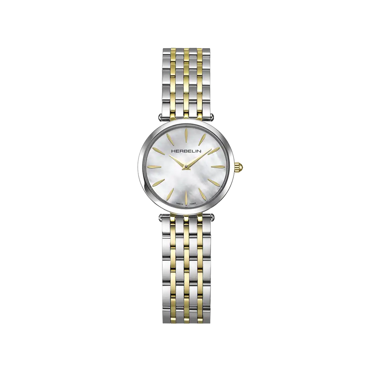 ⁣⁢Epsilon, white mother-of-pearl dial, round steel case, two-tone steel bracelet⁤⁣