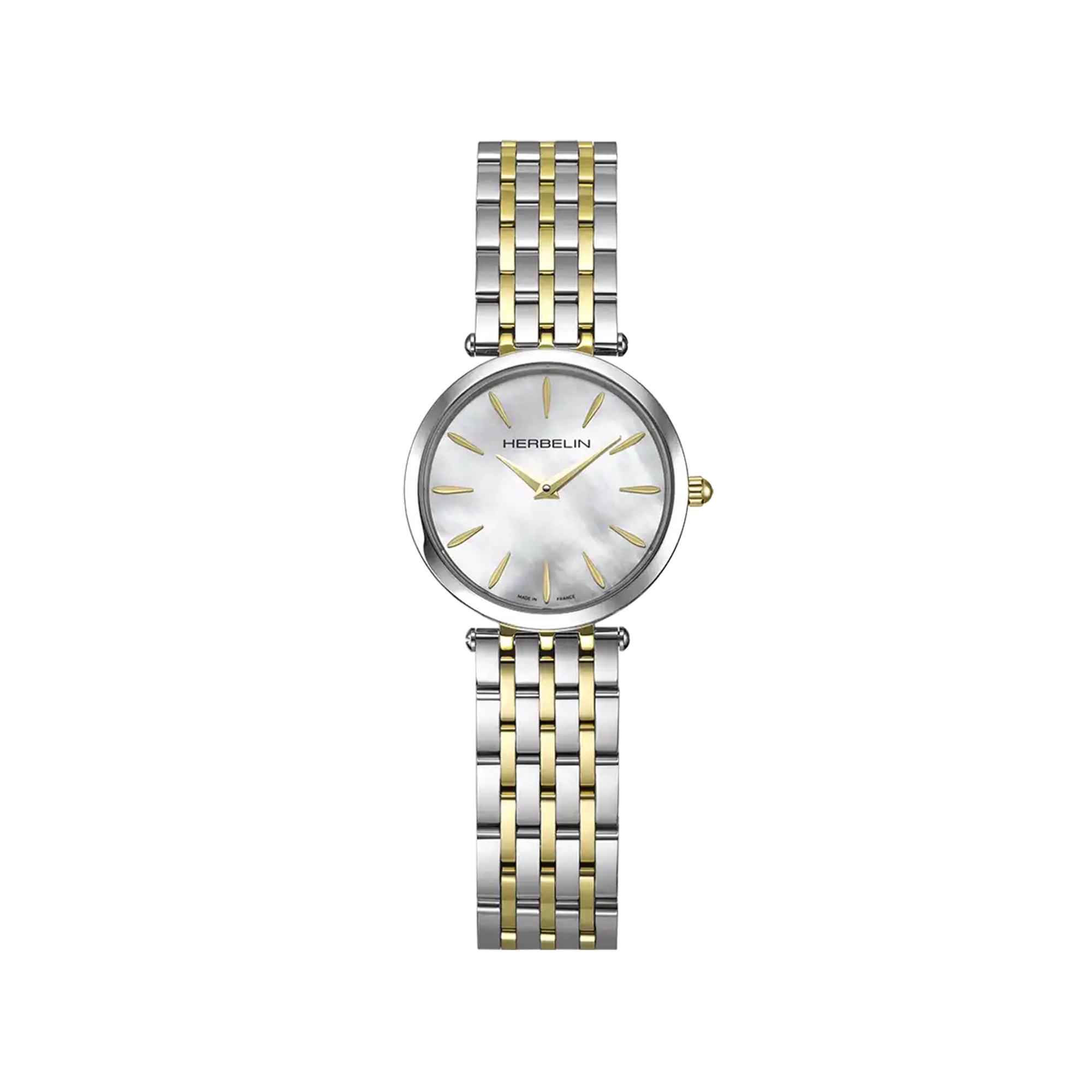 Epsilon, cadran nacre blanche, boîtier acier rond, bracelet acier bicolore