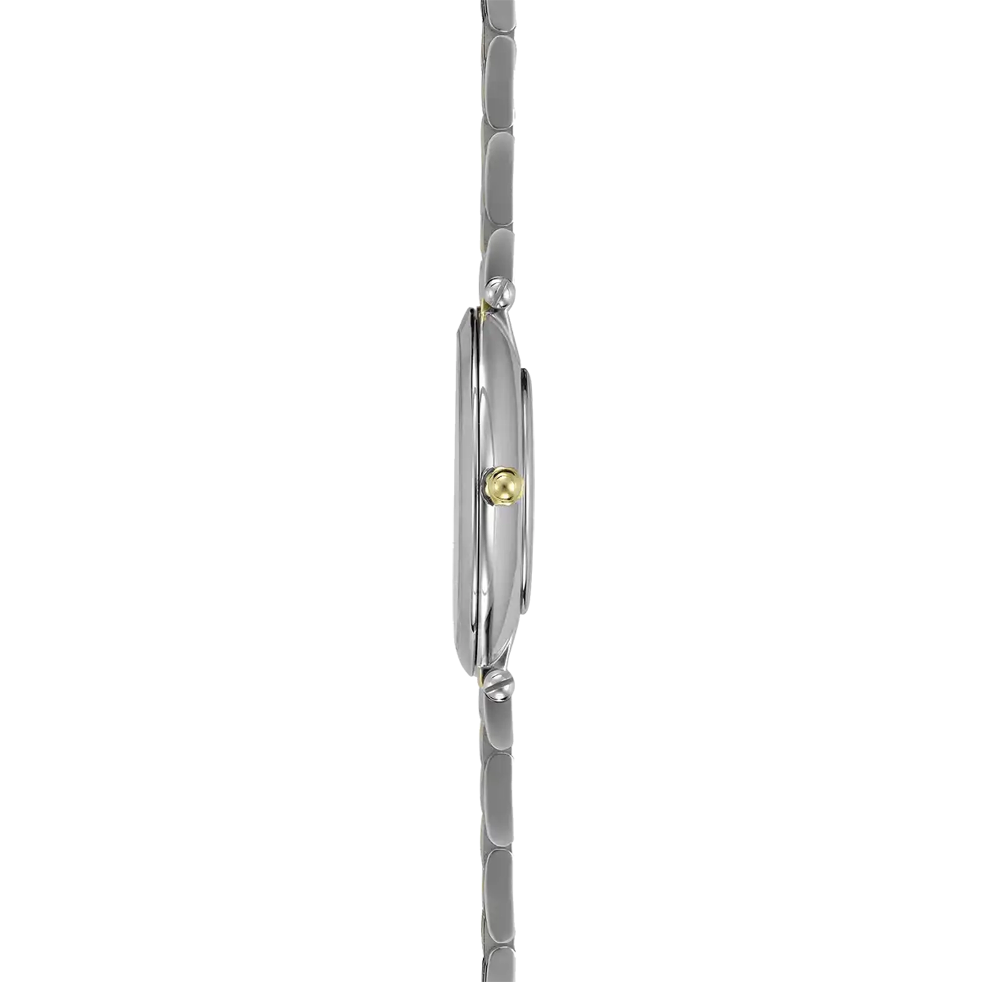 Vue de profil, tranche acier, couronne et attaches du bracelet acier bicolore