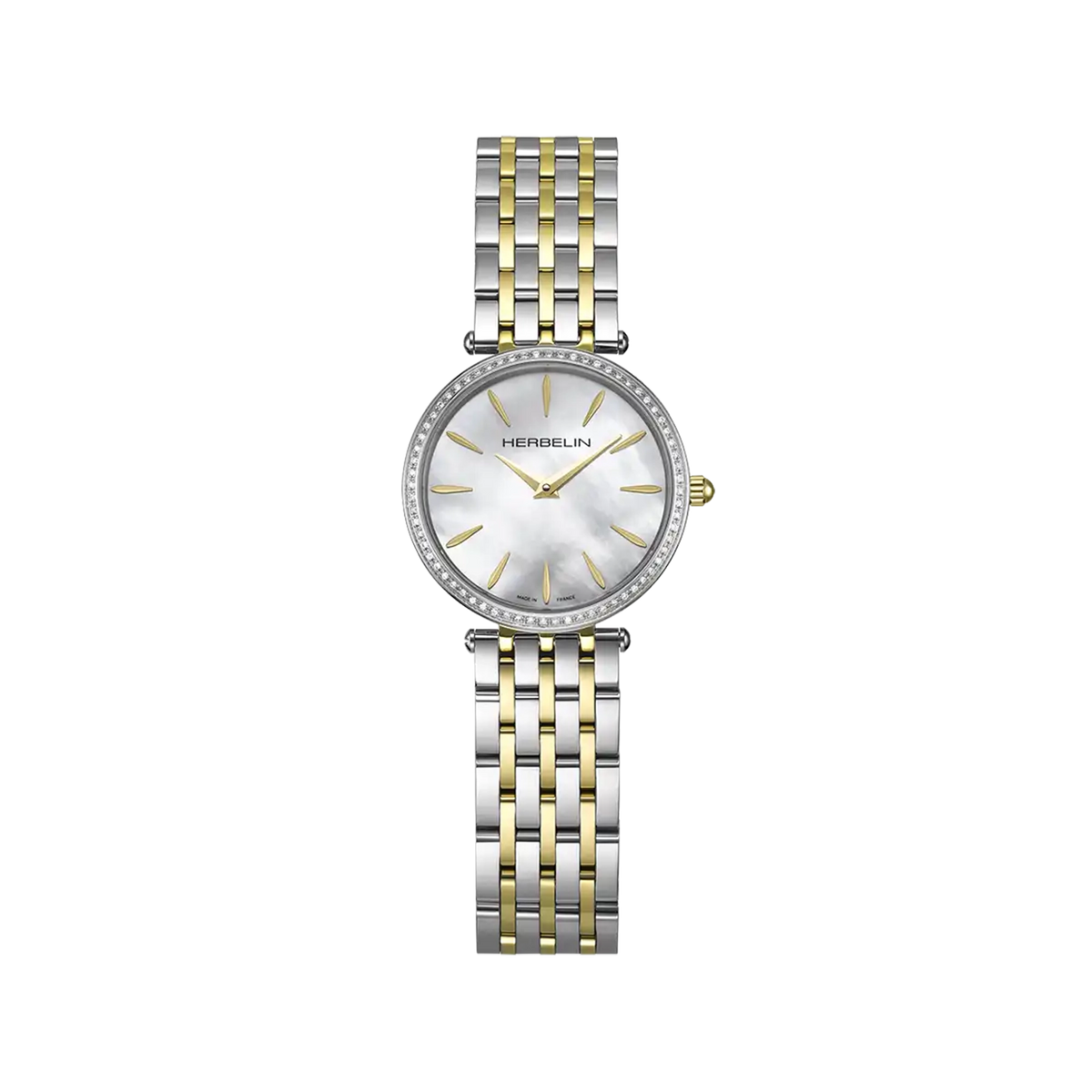 ⁣⁢Epsilon, white mother-of-pearl dial, round yellow gold PVD steel case, two-tone steel bracelet⁤⁣