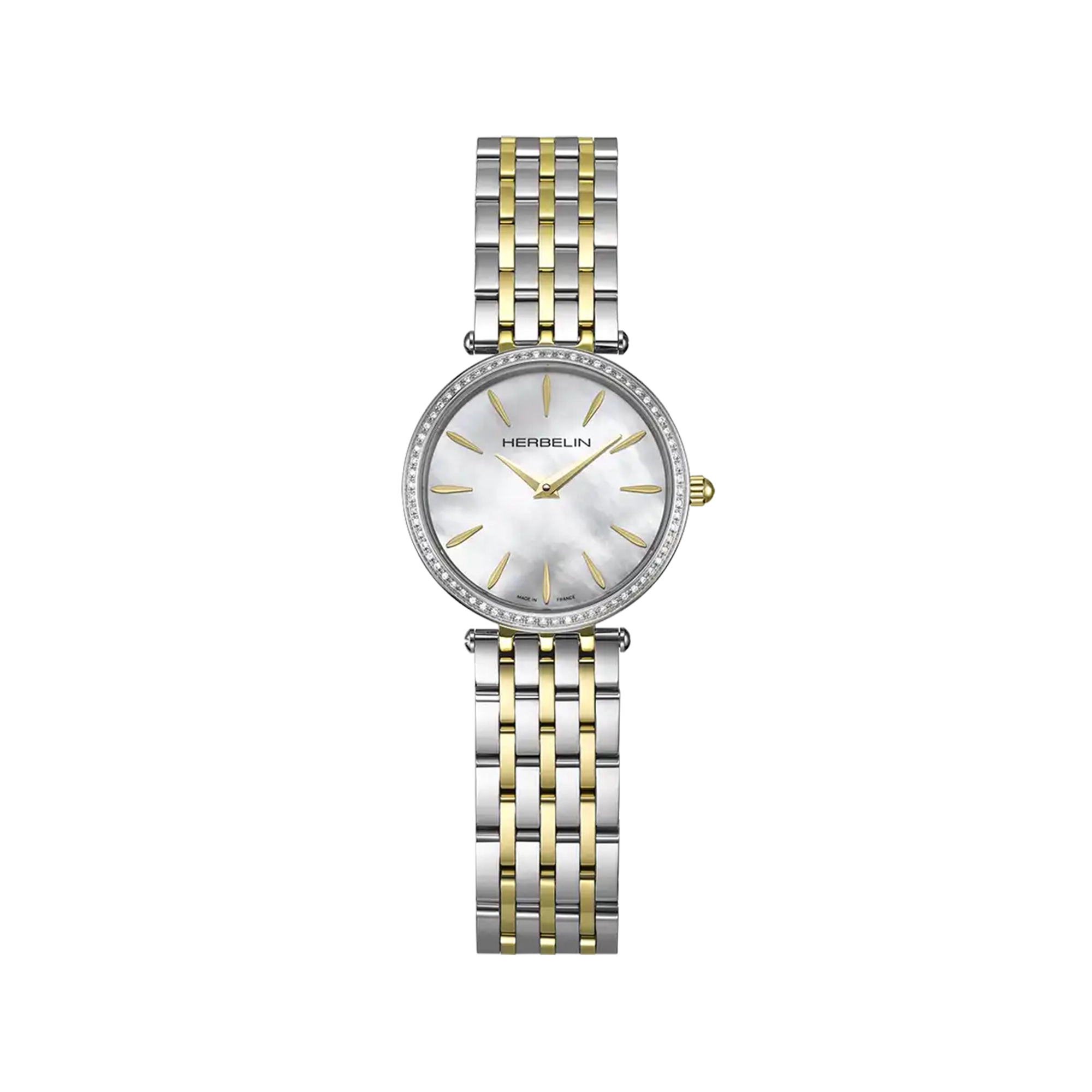Epsilon, cadran nacre blanche, boîtier acier PVD or jaune rond, bracelet acier bicolore
