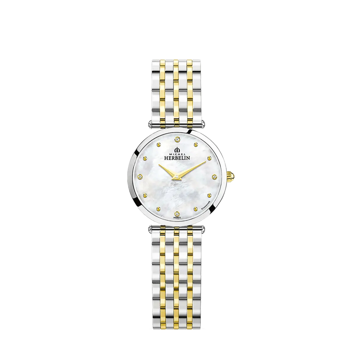 ⁣⁢Epsilon, white mother-of-pearl dial, round steel case, two-tone steel bracelet⁤⁣