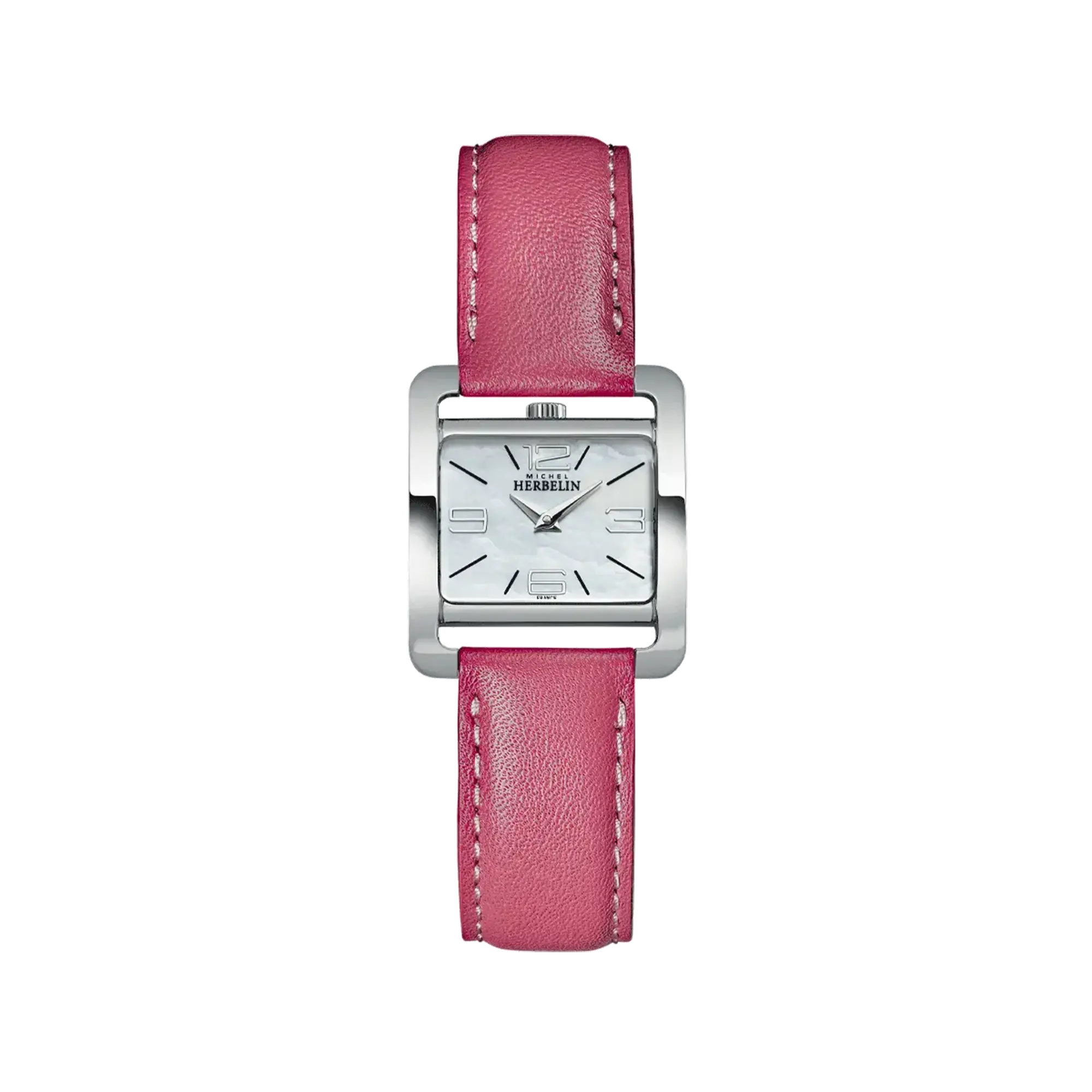 Ve Avenue, cadran nacre blanche, boîtier rectangle acier, bracelet cuir
