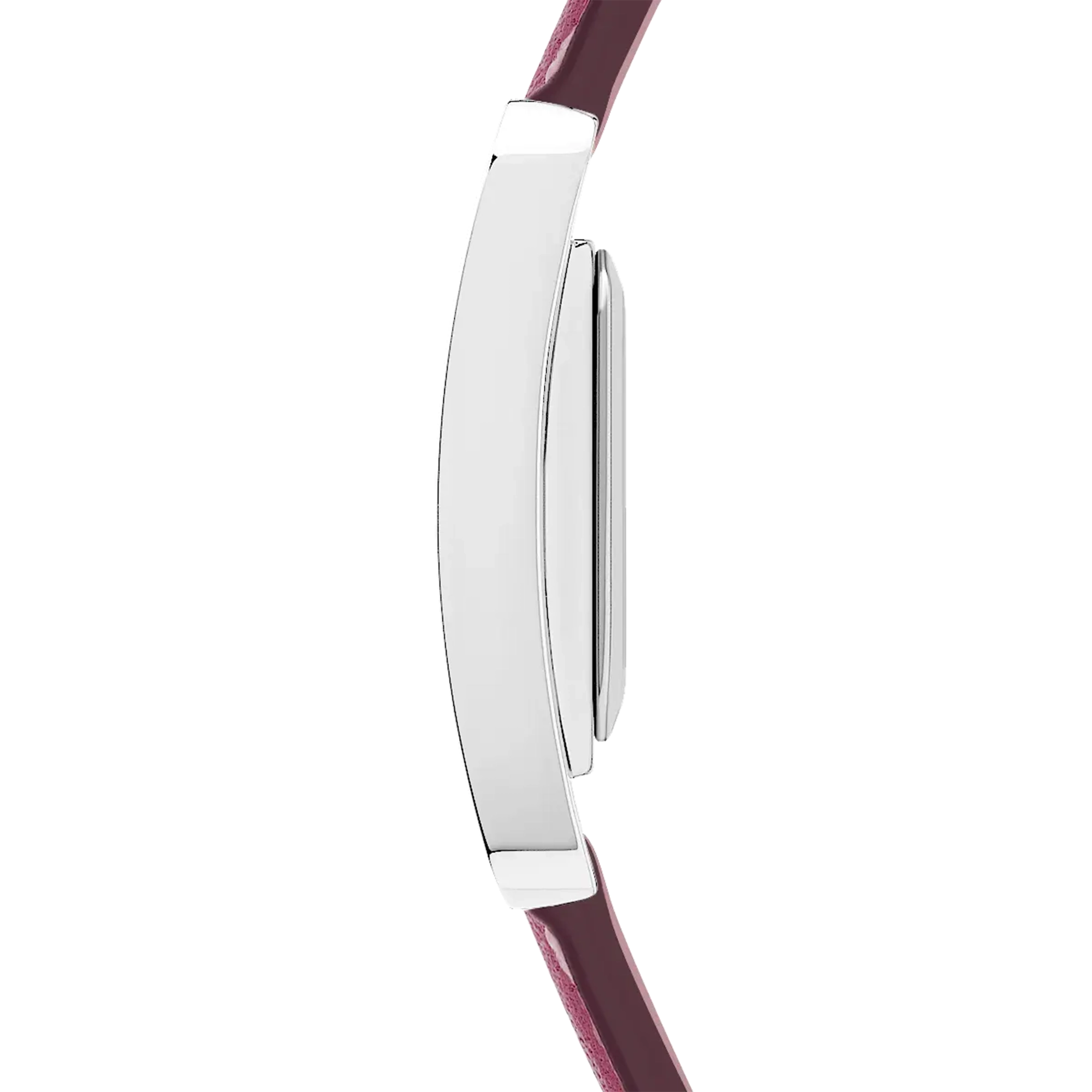 Vue de profil, tranche acier, couronne et attaches du bracelet cuir