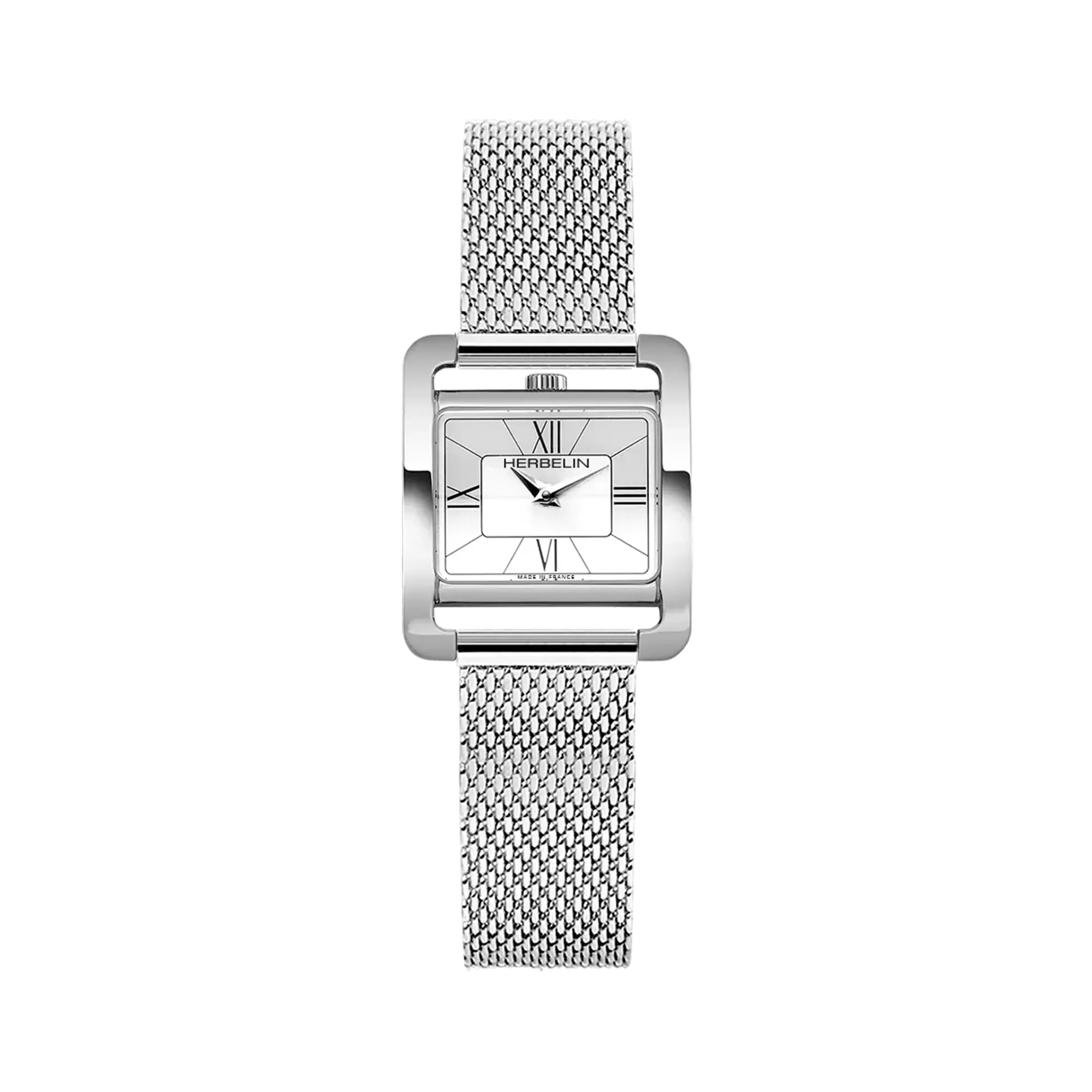 Ve Avenue, cadran argent, boîtier rectangle acier, bracelet acier