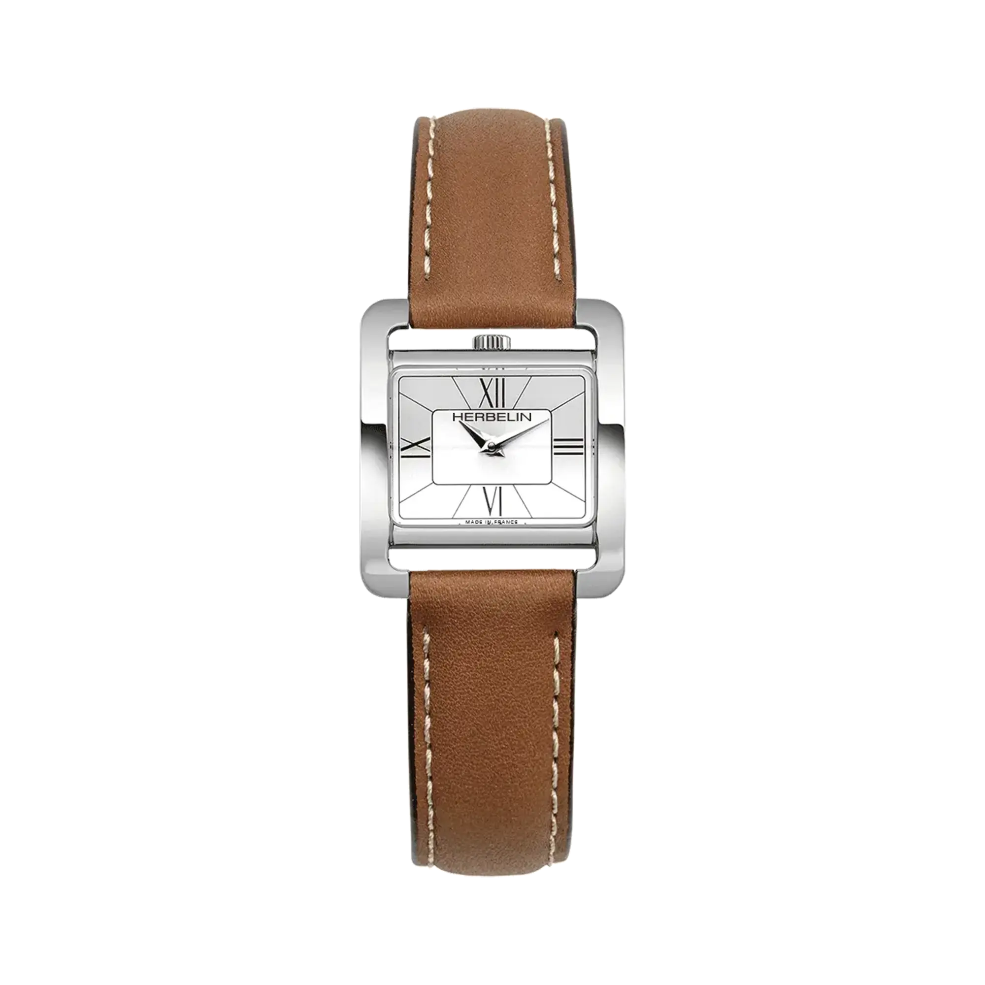 Ve Avenue, cadran argent, boîtier rectangle acier, bracelet cuir