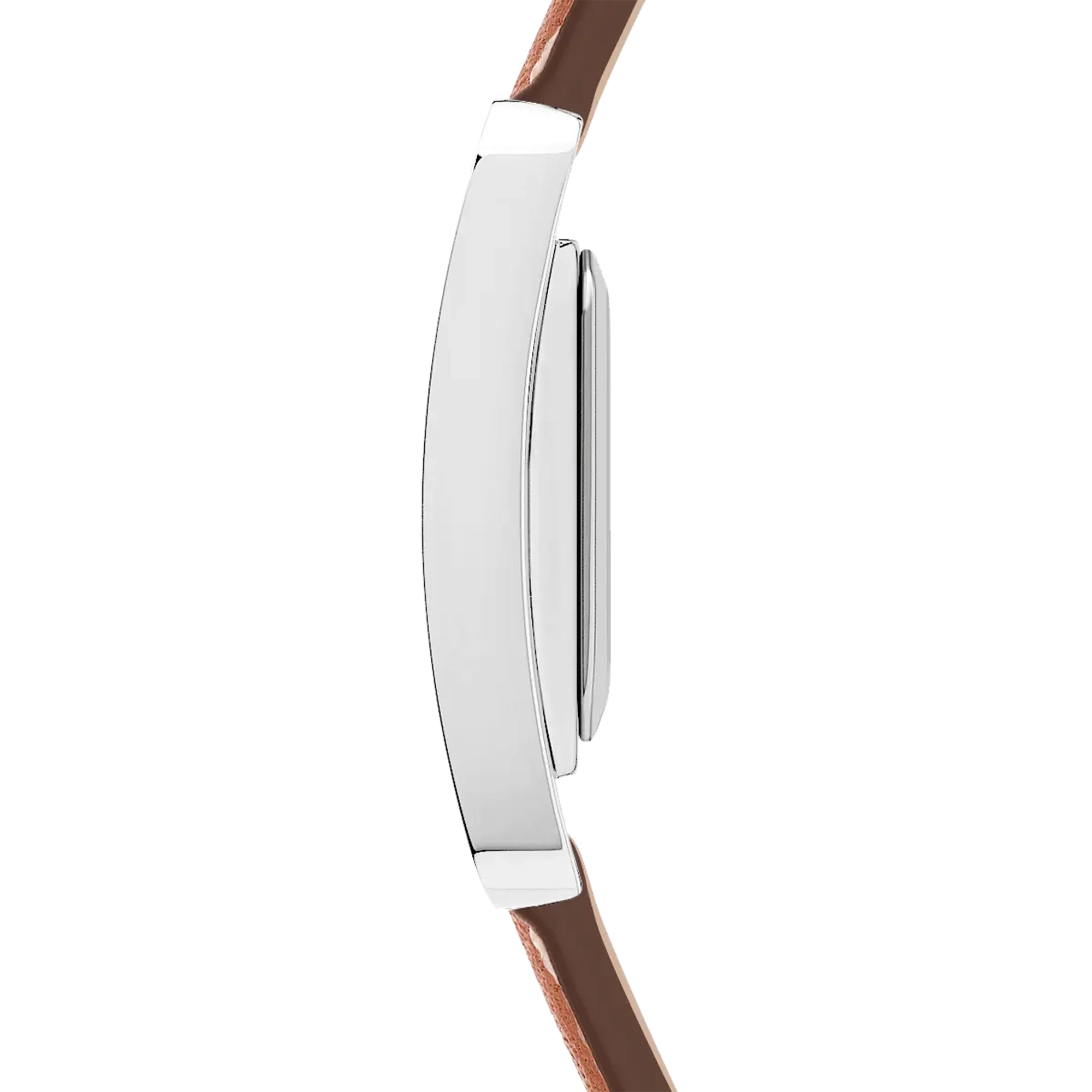 Vue de profil, tranche acier, couronne et attaches du bracelet cuir