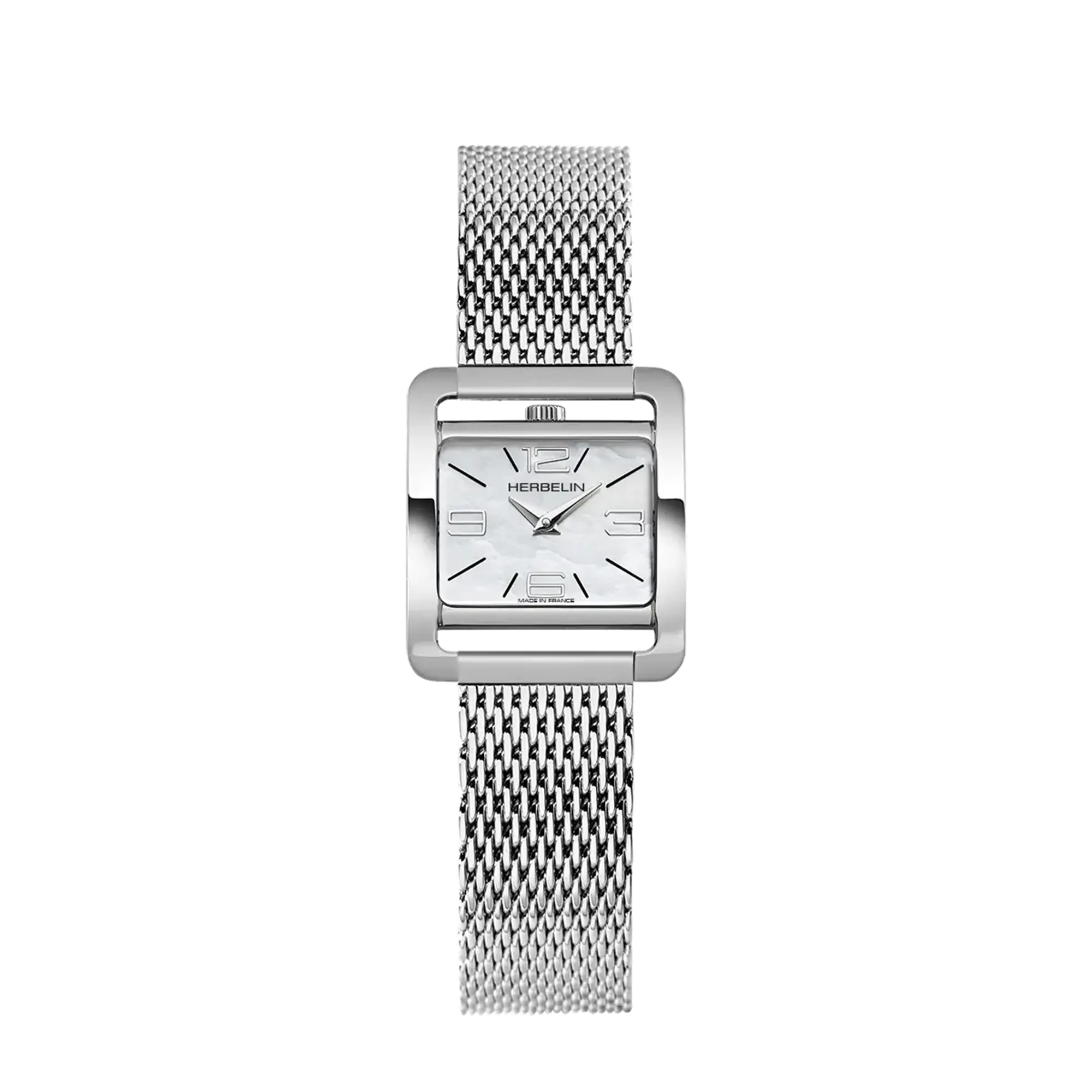 Ve Avenue, cadran nacre blanche, boîtier rectangle acier, bracelet acier