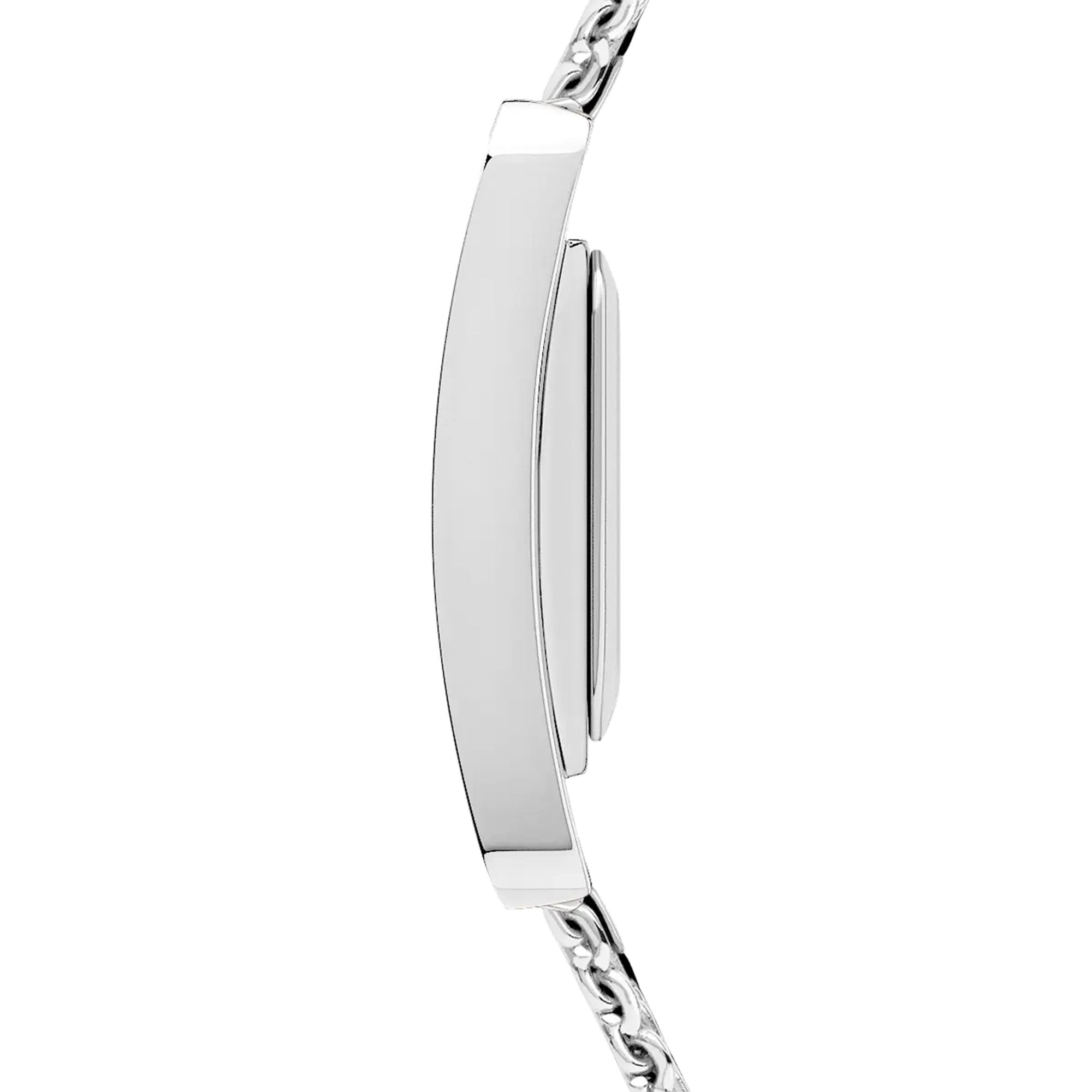 Vue de profil, tranche acier, couronne et attaches du bracelet acier