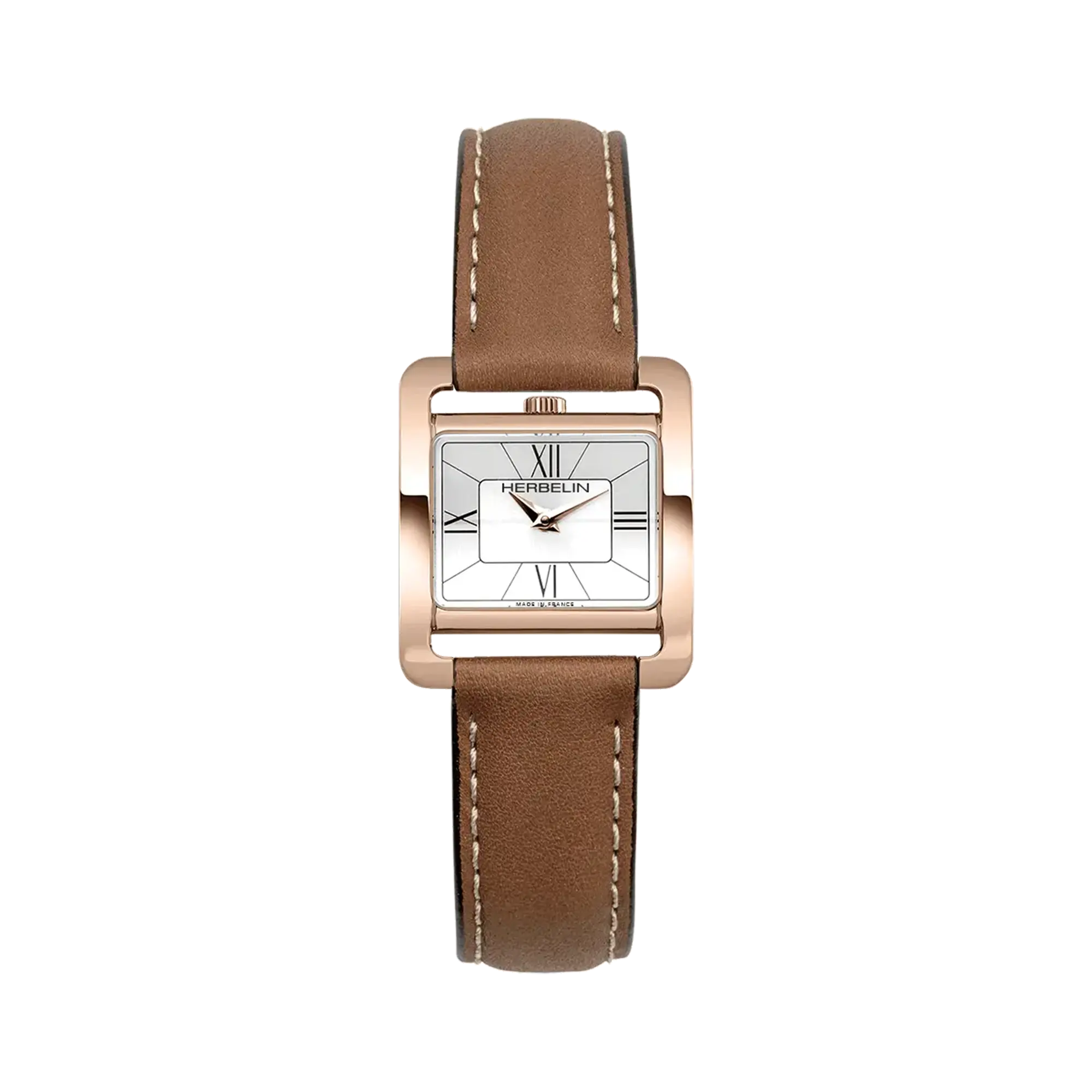 Ve Avenue, cadran argent, boîtier rectangle acier PVD or jaune, bracelet cuir