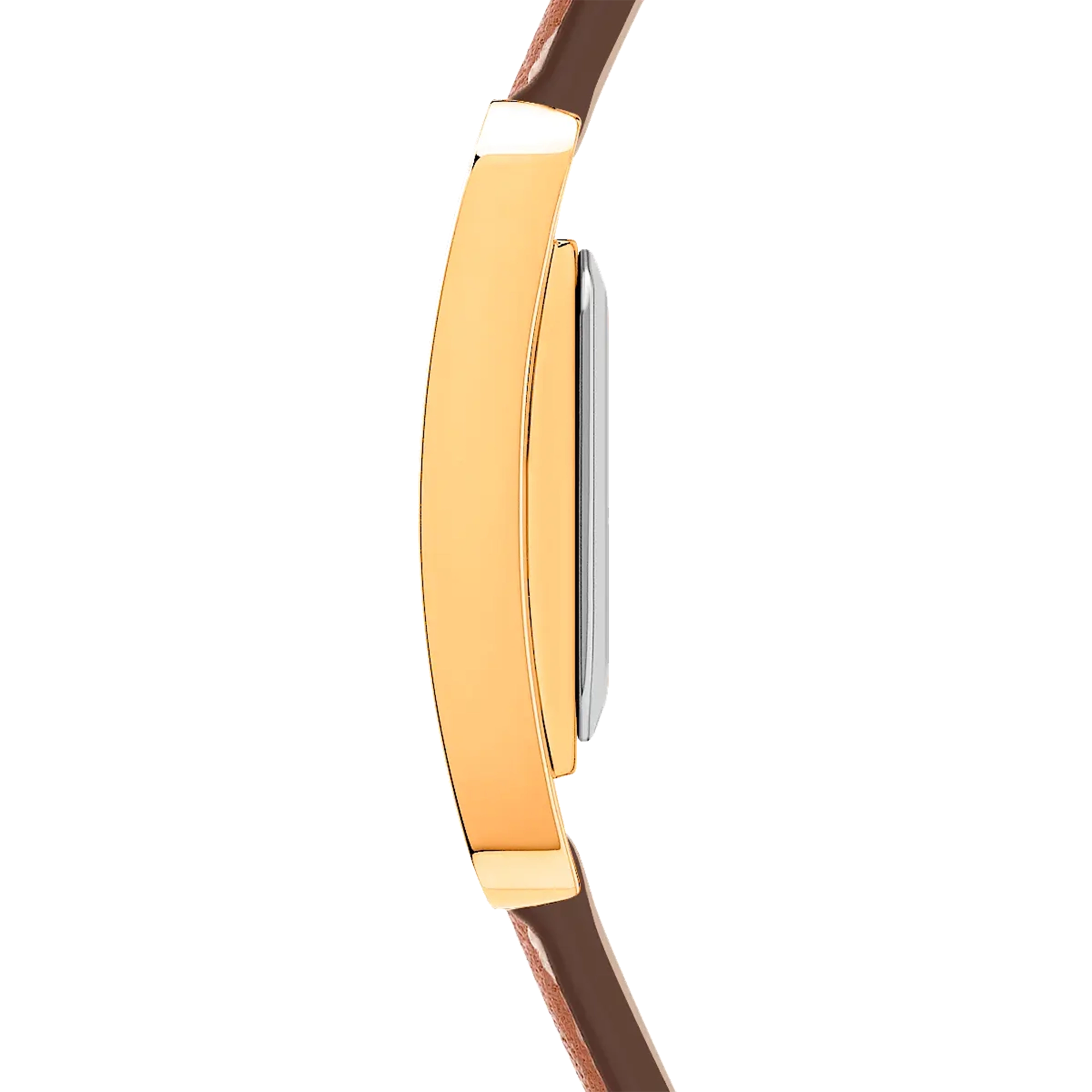 Vue de profil, tranche acier PVD or rose, couronne et attaches du bracelet cuir
