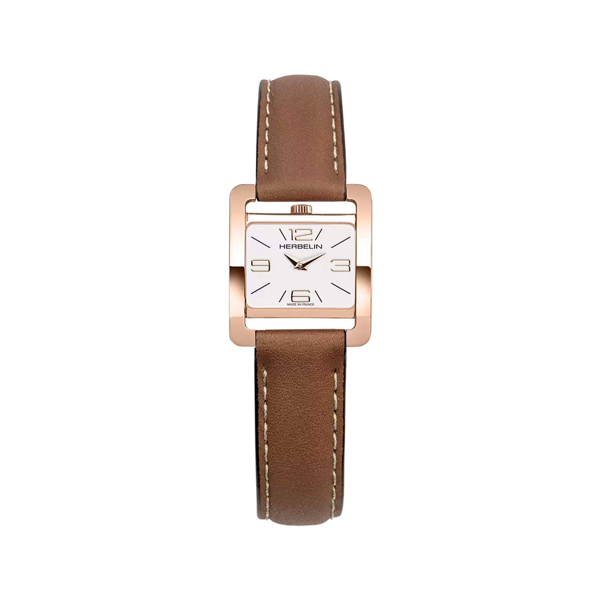Ve Avenue, cadran blanc laqué, boîtier rectangle acier PVD or rose, bracelet cuir