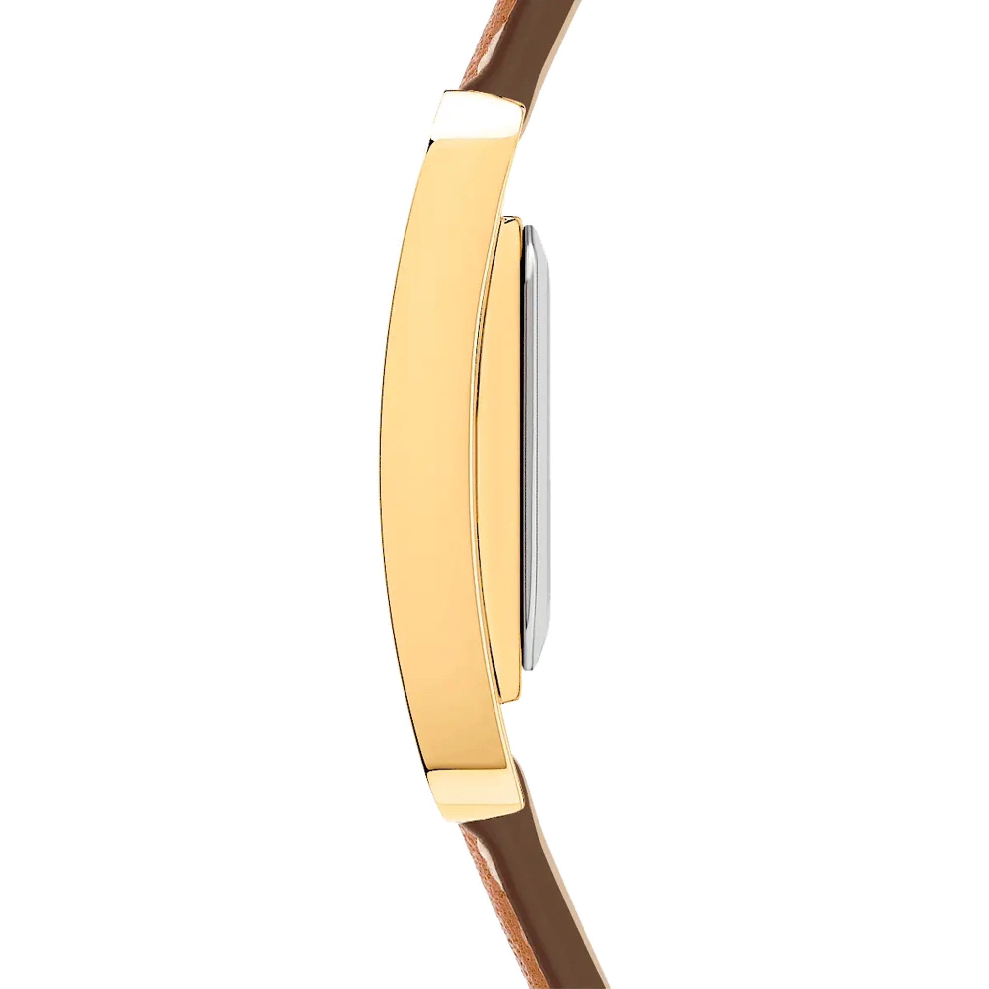 Vue de profil, tranche acier PVD or rose, couronne et attaches du bracelet cuir