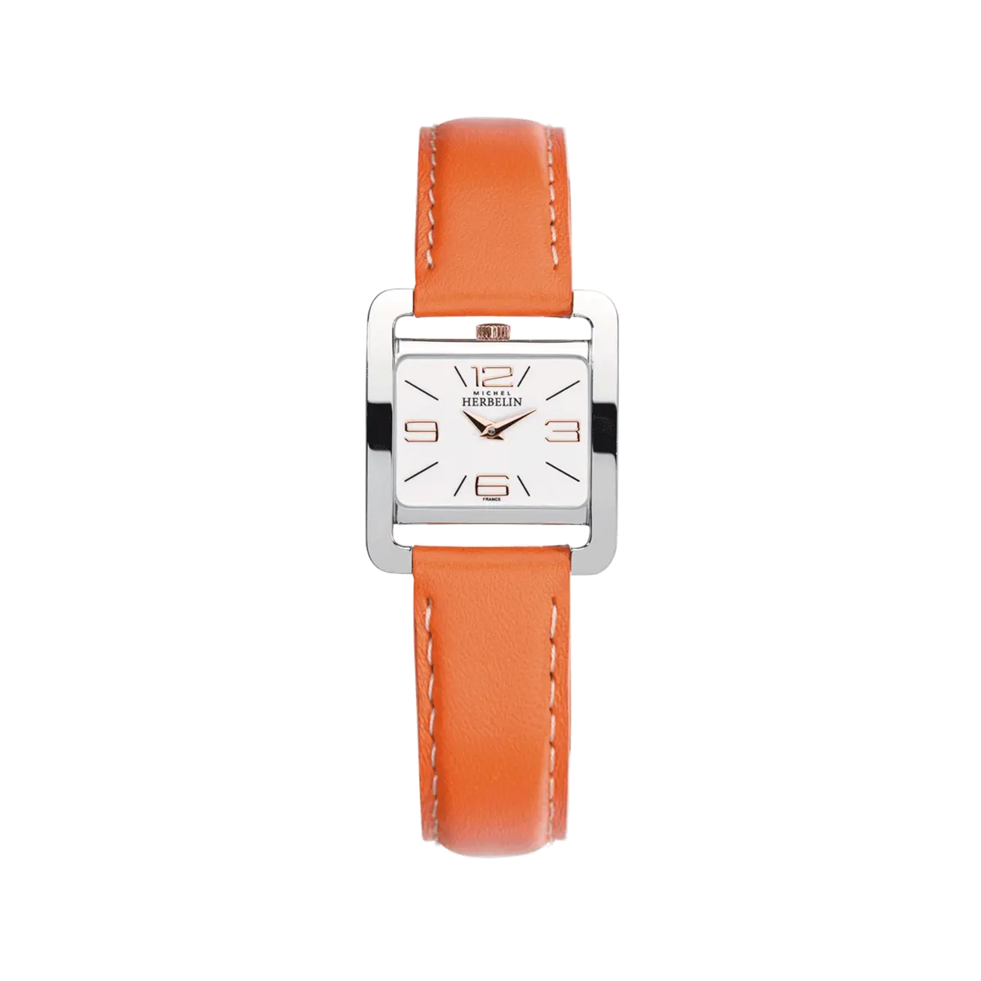 Ve Avenue, cadran blanc laqué, boîtier rectangle acier, bracelet cuir