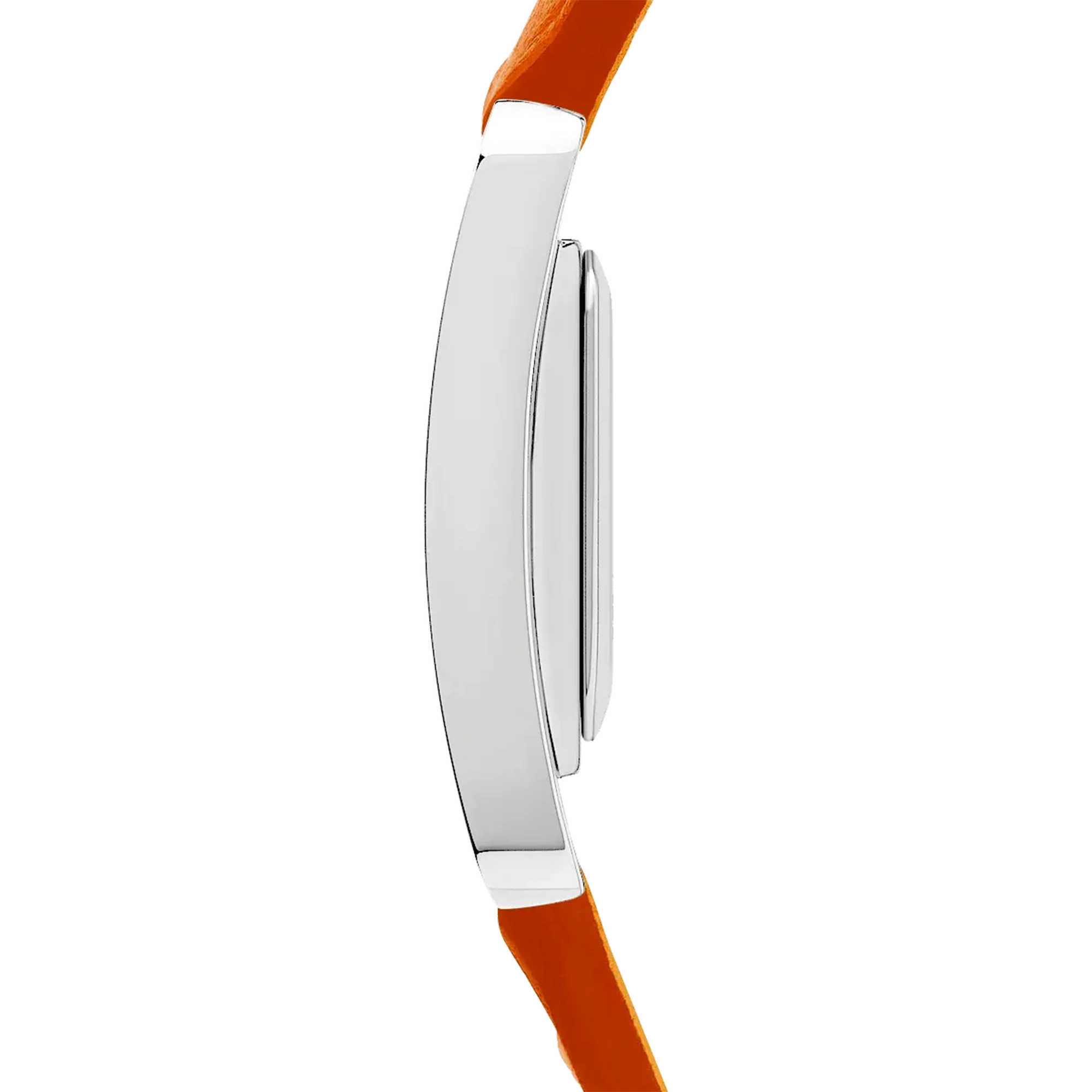 Vue de profil, tranche acier, couronne et attaches du bracelet cuir