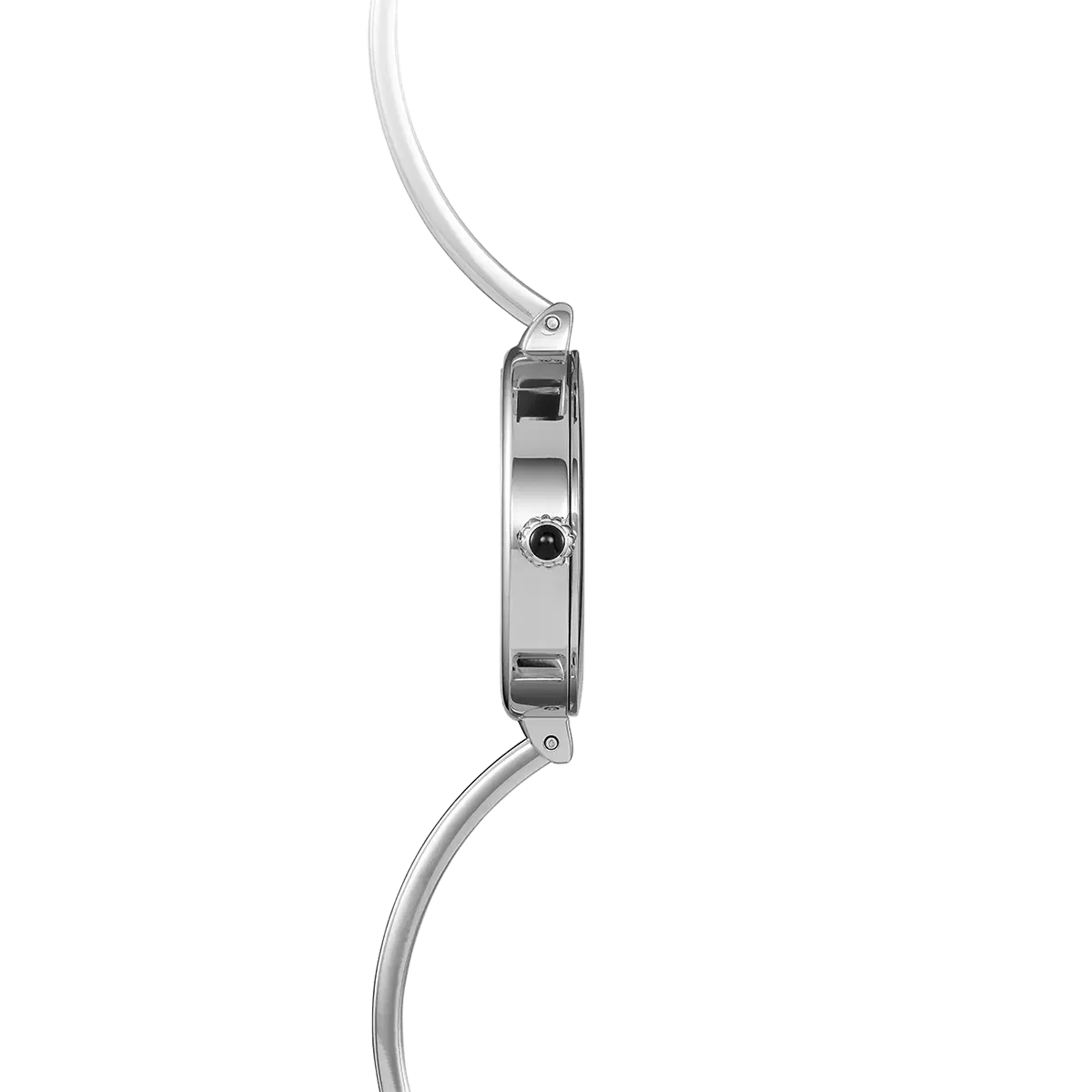 Vue de profil, tranche acier, couronne et attaches du bracelet acier