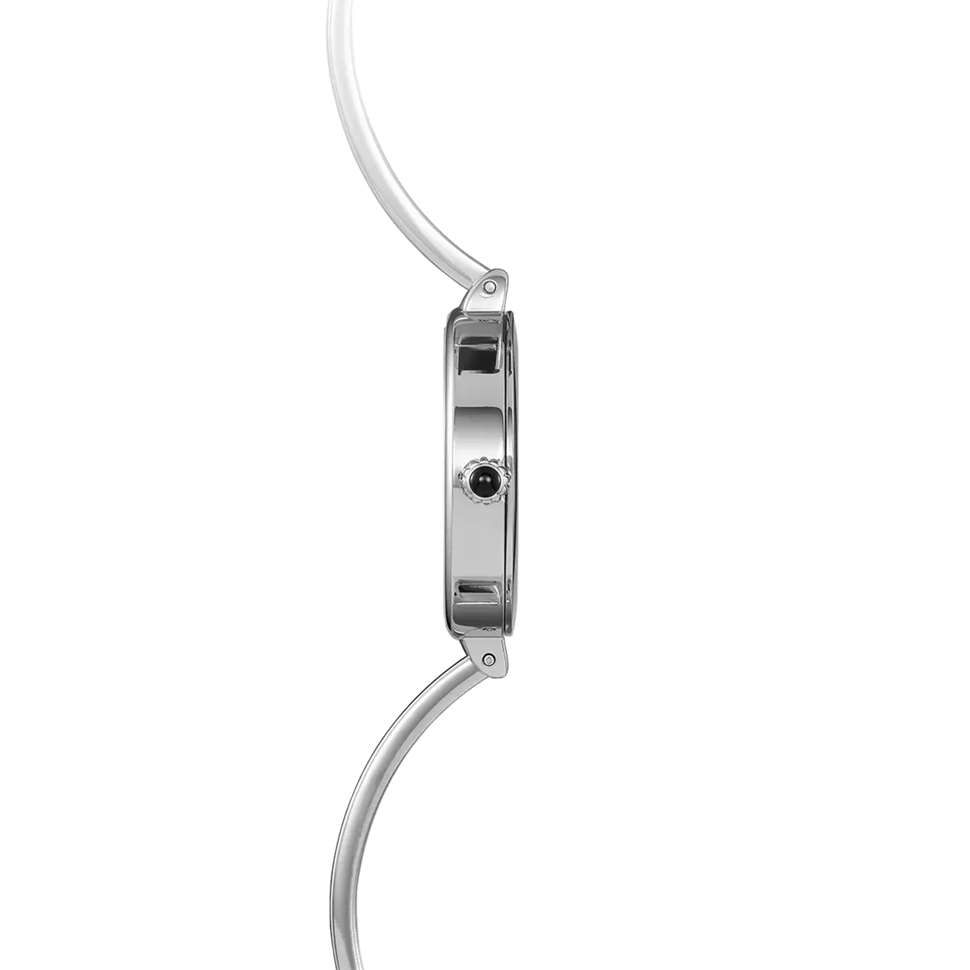 Vue de profil, tranche acier, couronne et attaches du bracelet acier